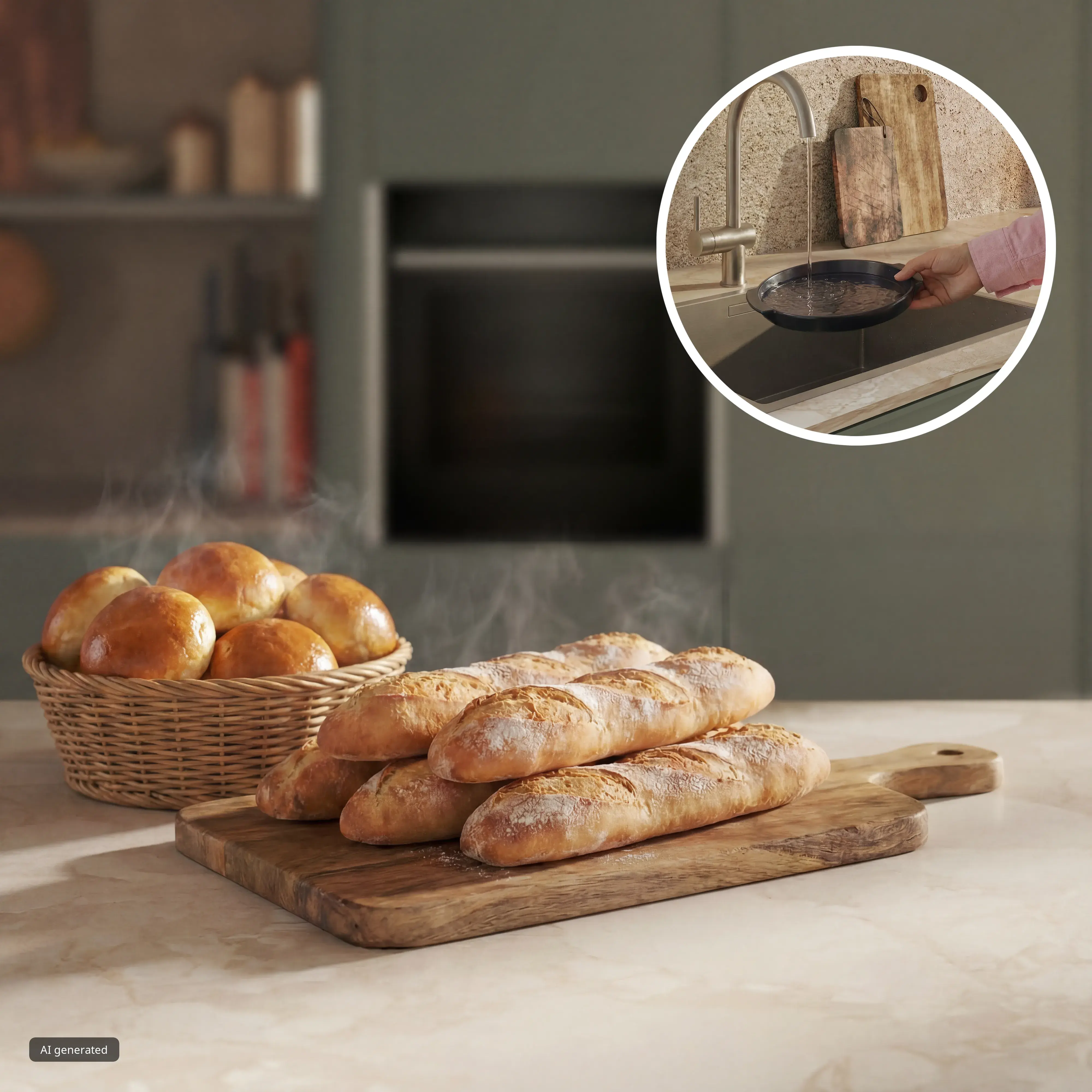 Frisch gebackene Baguettes und Brötchen mit NEFF Base Steam Dampfunterstützung, Detailansicht der mit Wasser befüllten Wasserschale