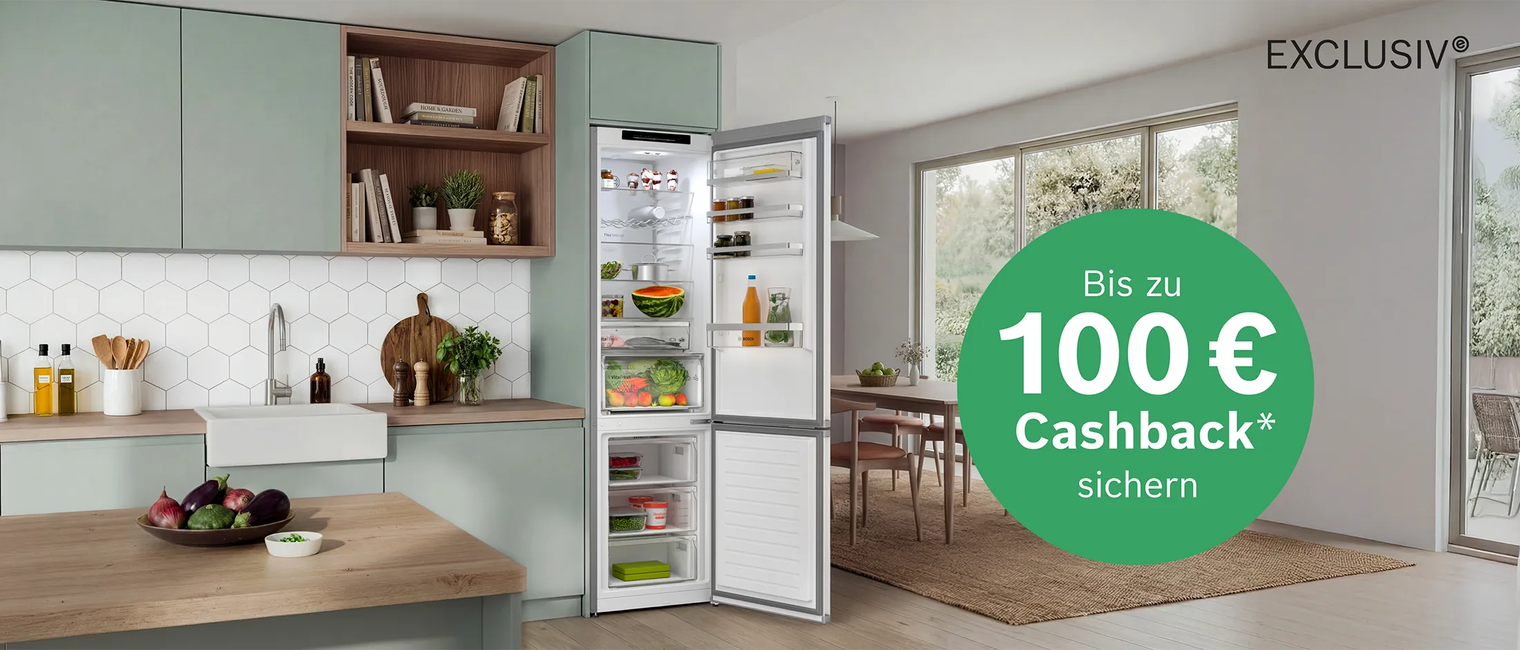 Online-Banner mit Hinweis auf die Bosch EXCLUSIV Cashback Aktion mit bis zu 100 € Cashback auf erstklassige Hausgeräte, gültig bis 31. August 2026; EXCLUSIV Hausgeräte von Bosch; Aktions-Logo: Bis zu 100 € Cashback sichern, EXCLUSIV Logo.