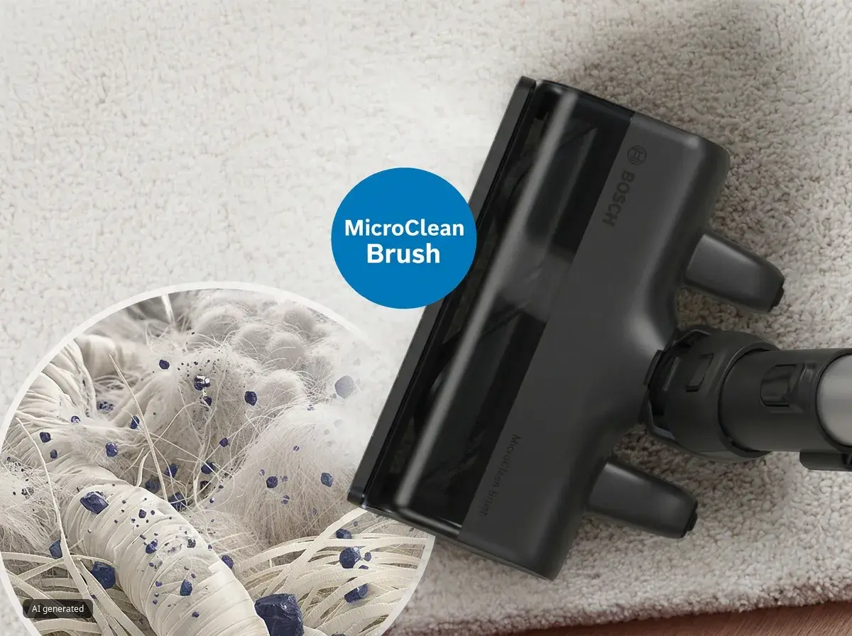 Η βούρτσα MicroClean πάνω σε ένα χαλί και ένας μεγεθυντικός φακός που δείχνει τις ίνες του χαλιού και τα μικρότερα σωματίδια σκόνης.