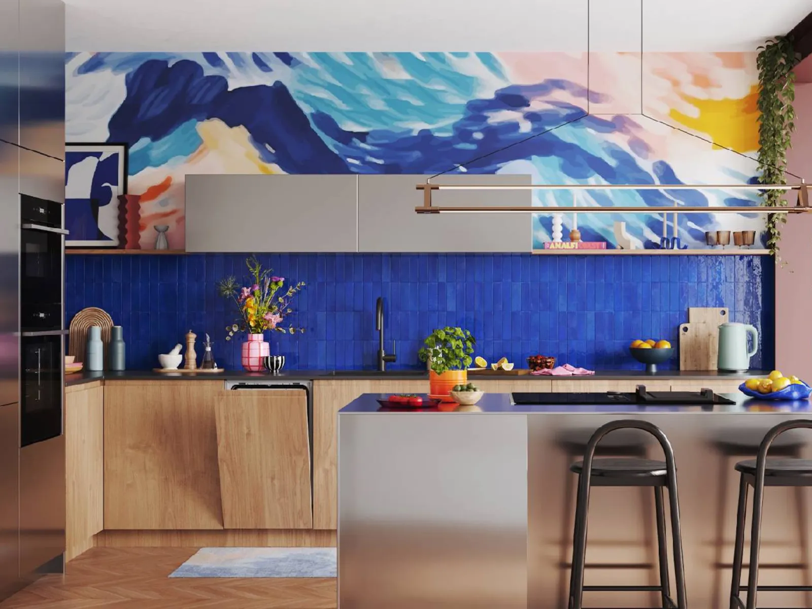 Open-plan kitchen and living area with vivid blue tile backsplash and abstract mural, wood cabinets, metal island with two stools.