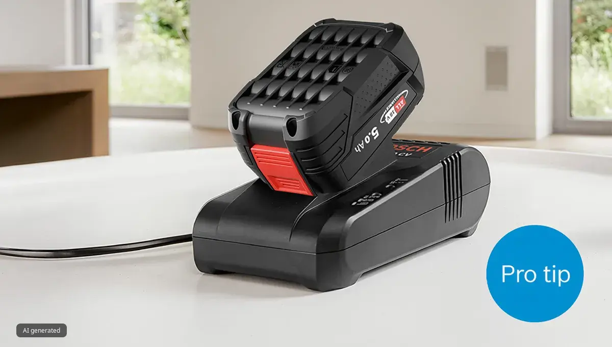 Batería Bosch de 18 V de alto rendimiento cargándose en un cargador rápido sobre una encimera