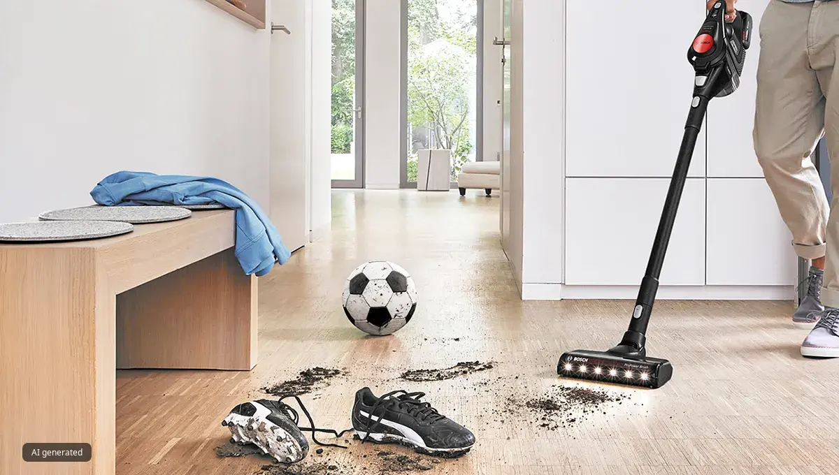 Hombre usando el aspirador sin cable Bosch Unlimited ProPower para limpiar la tierra de unas botas de fútbol y un balón