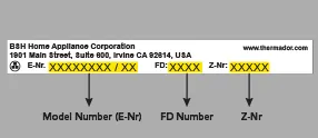 Label displaying model information with serial numbers for a Thermador appliance, including E.Nr, FD and Z.Nr specifications.