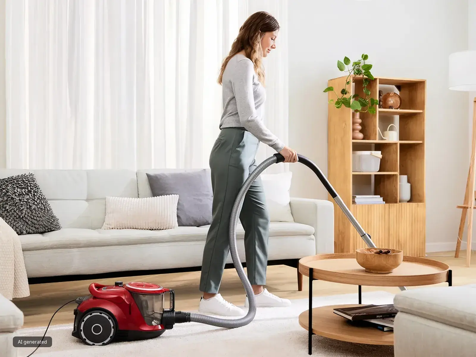 A woman uses a canister vacuum to cleans a cream rug in a bright living room.