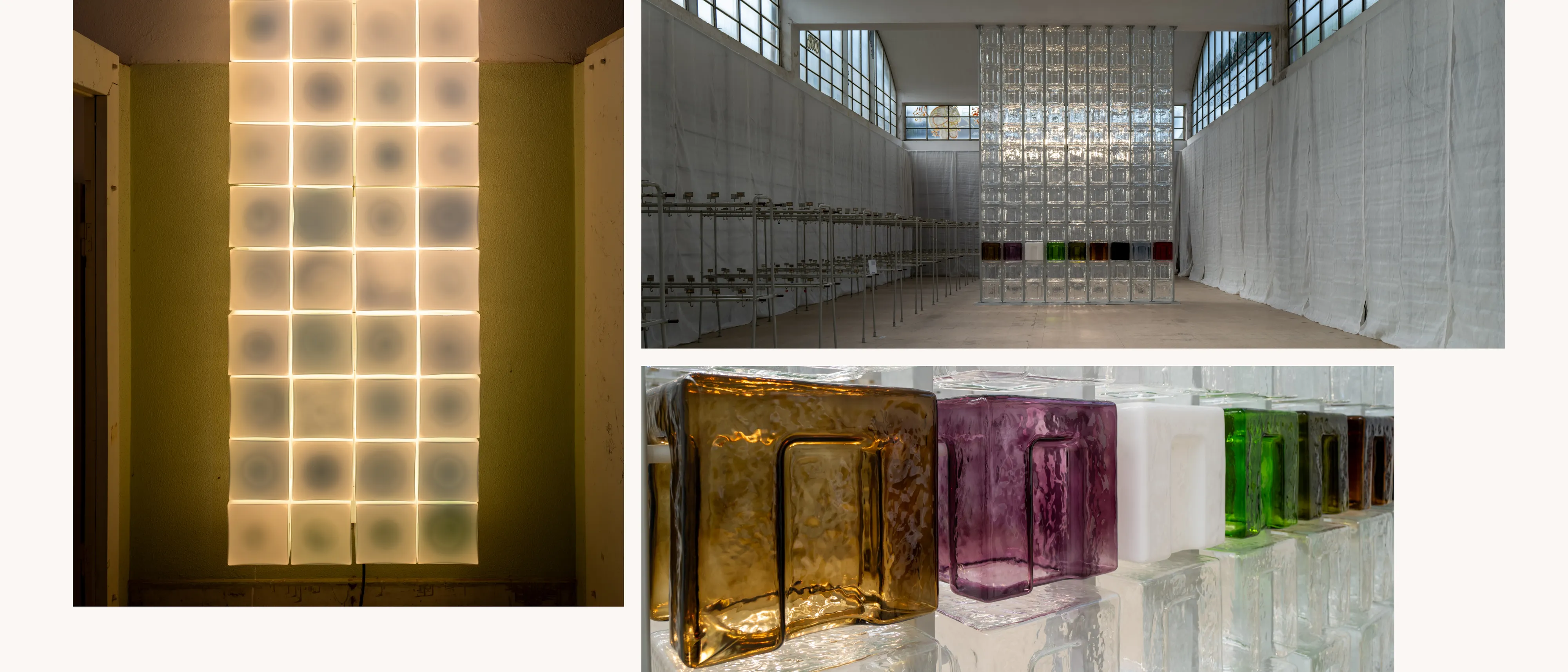 A collage featuring images from the exhibition space, including warmly-lit glass pieces and close ups of the artistry.