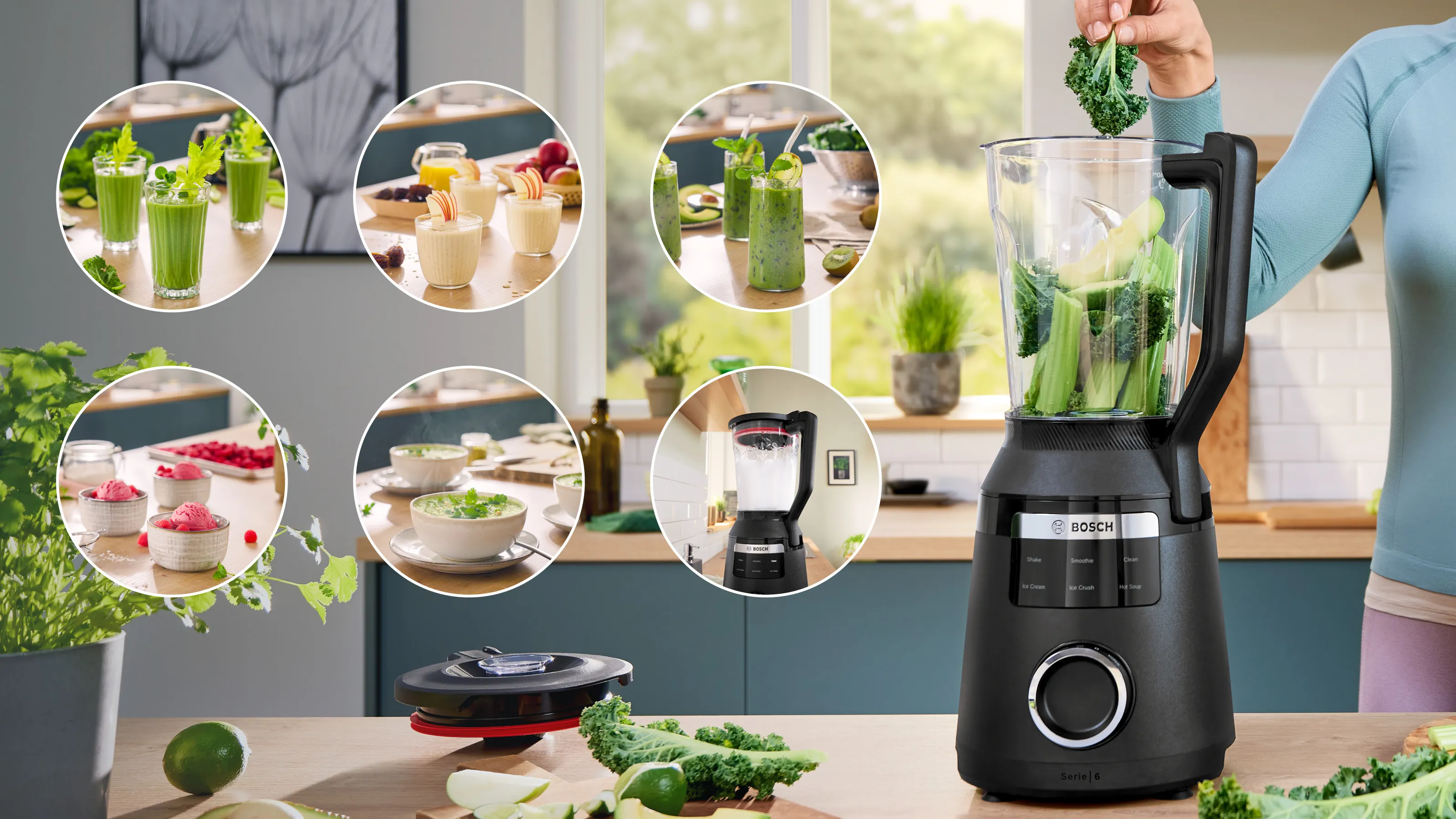 O persoană care pune varză kale într-un blender Bosch, în jurul căreia sunt reprezentate, în cercuri, diverse smoothie-uri verzi și preparate sănătoase.