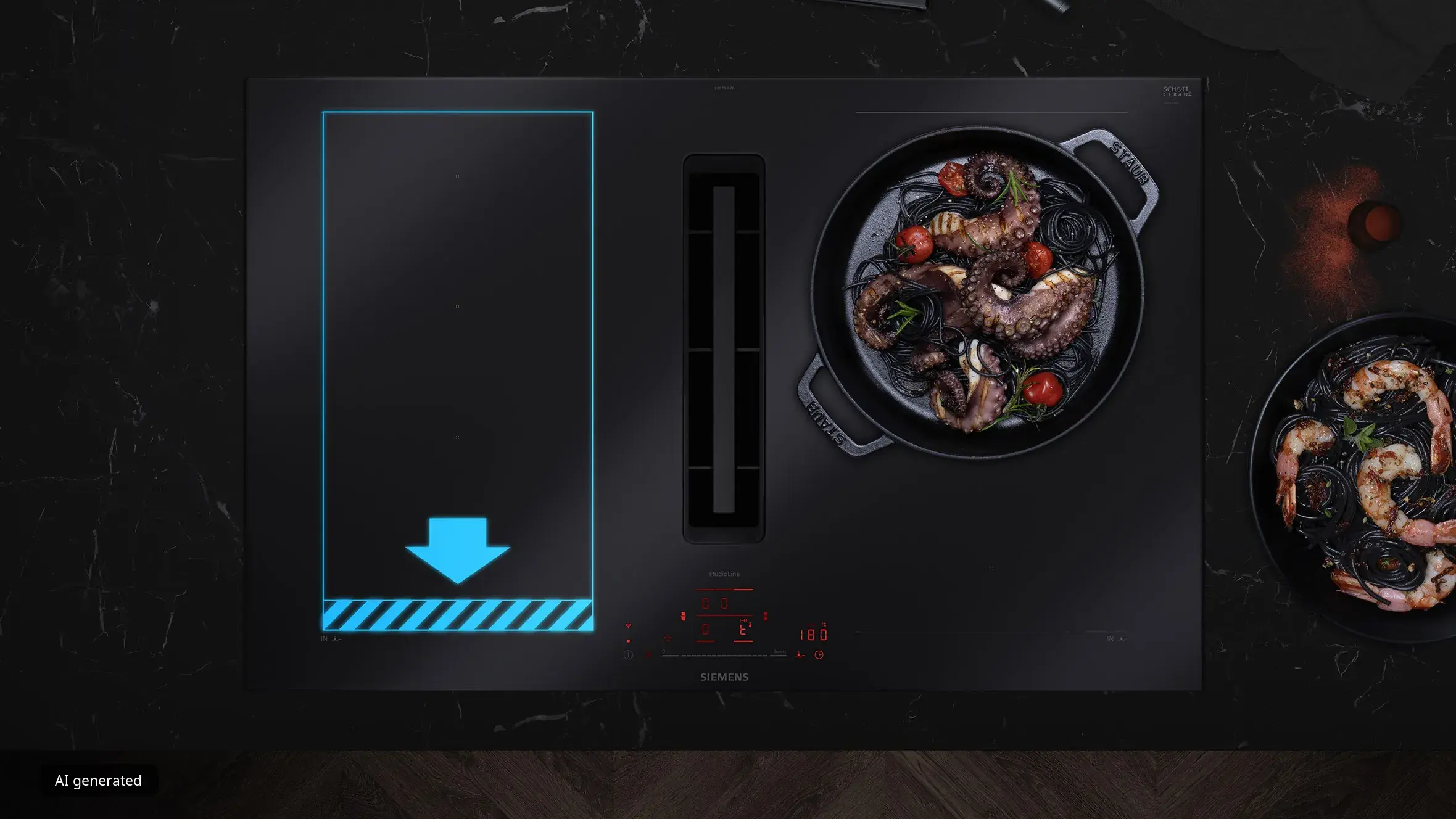 Siemens inductionAir Plus Kochfeld Matt Edition mit integriertem Dunstabzug, Pfanne mit Oktopus und Pasta.