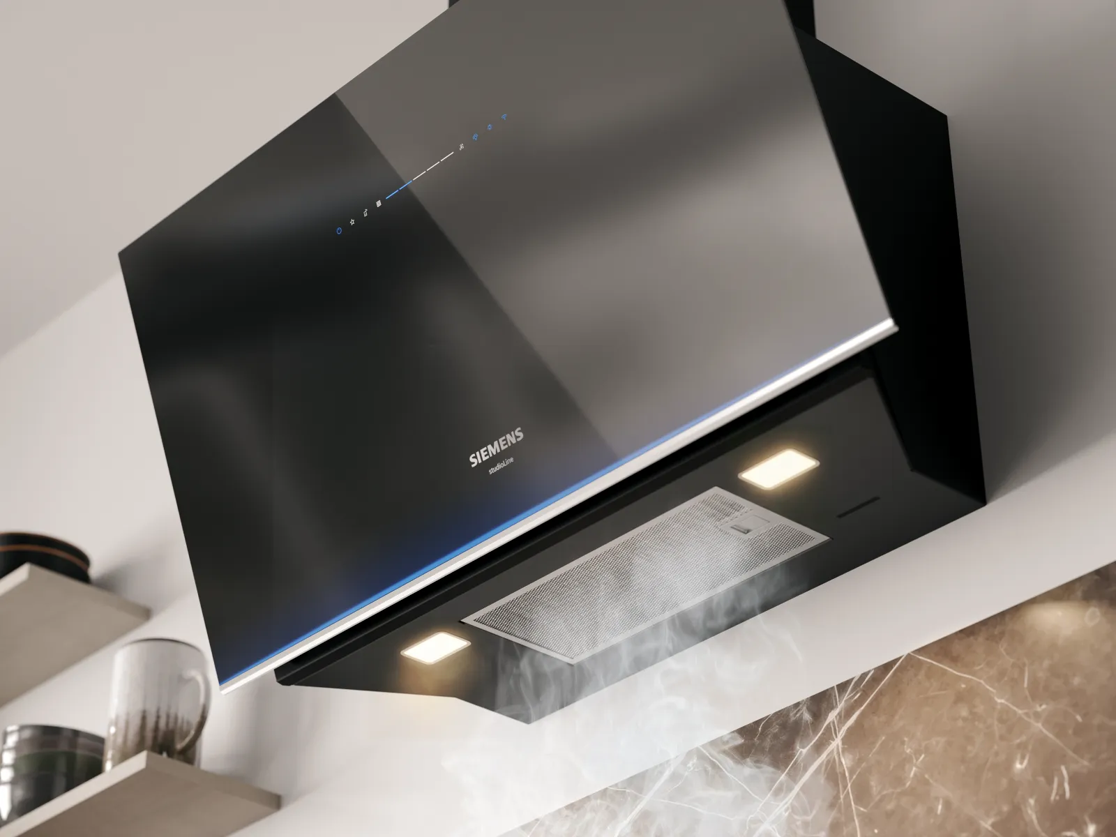 Modern black Siemens kitchen range hood with lights on, venting steam above a marble backsplash and wooden shelves with kitchen items.