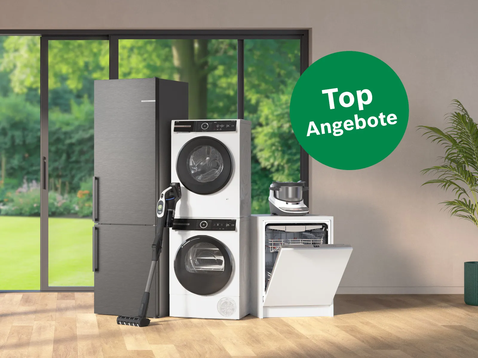 Bosch Kühlschrank, Waschmaschine, Trockner, Geschirrspüler mit offener Tür, Handstaubsauger und Küchenmaschine vor großem Fenster mit Blick ins Grüne und grünem Kreis mit Text 'Top Angebote'