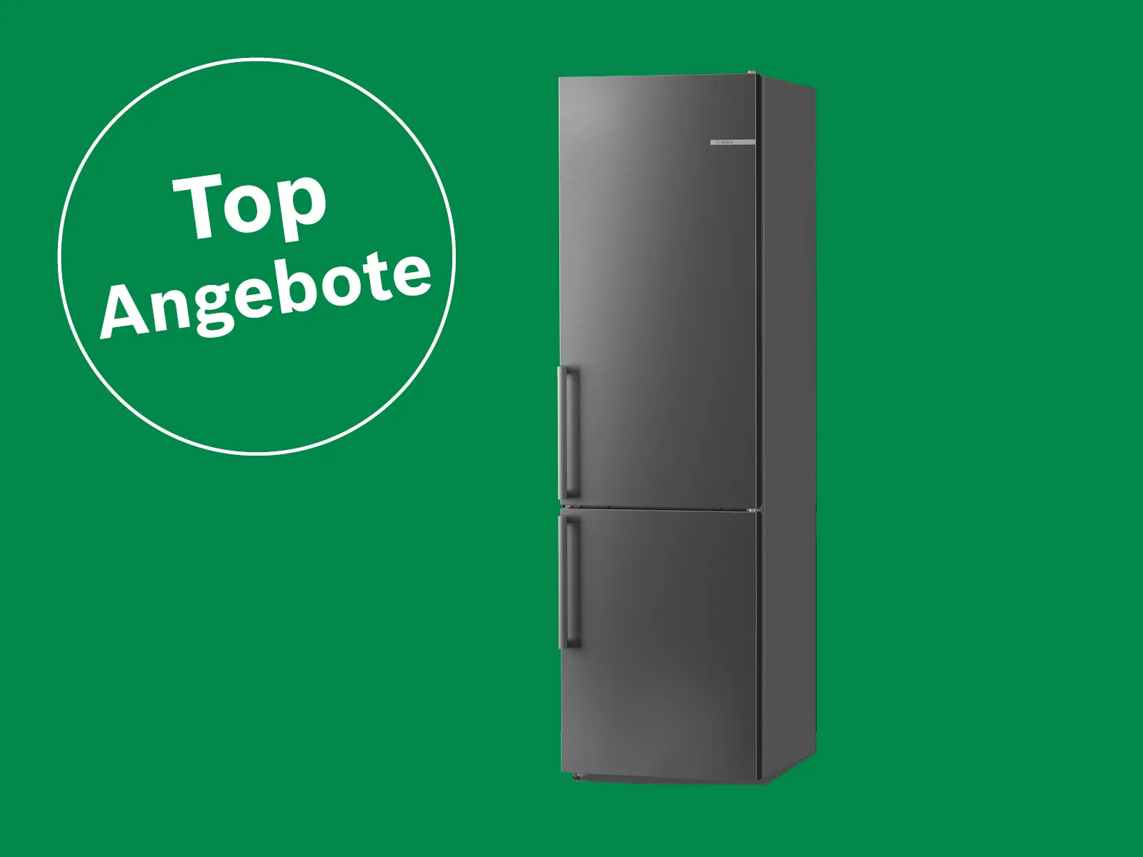 Moderner, freistehender Kühlschrank mit zwei Türen vor grünem Hintergrund mit grünem Kreis und weißer Aufschrift „Top Angebote“.