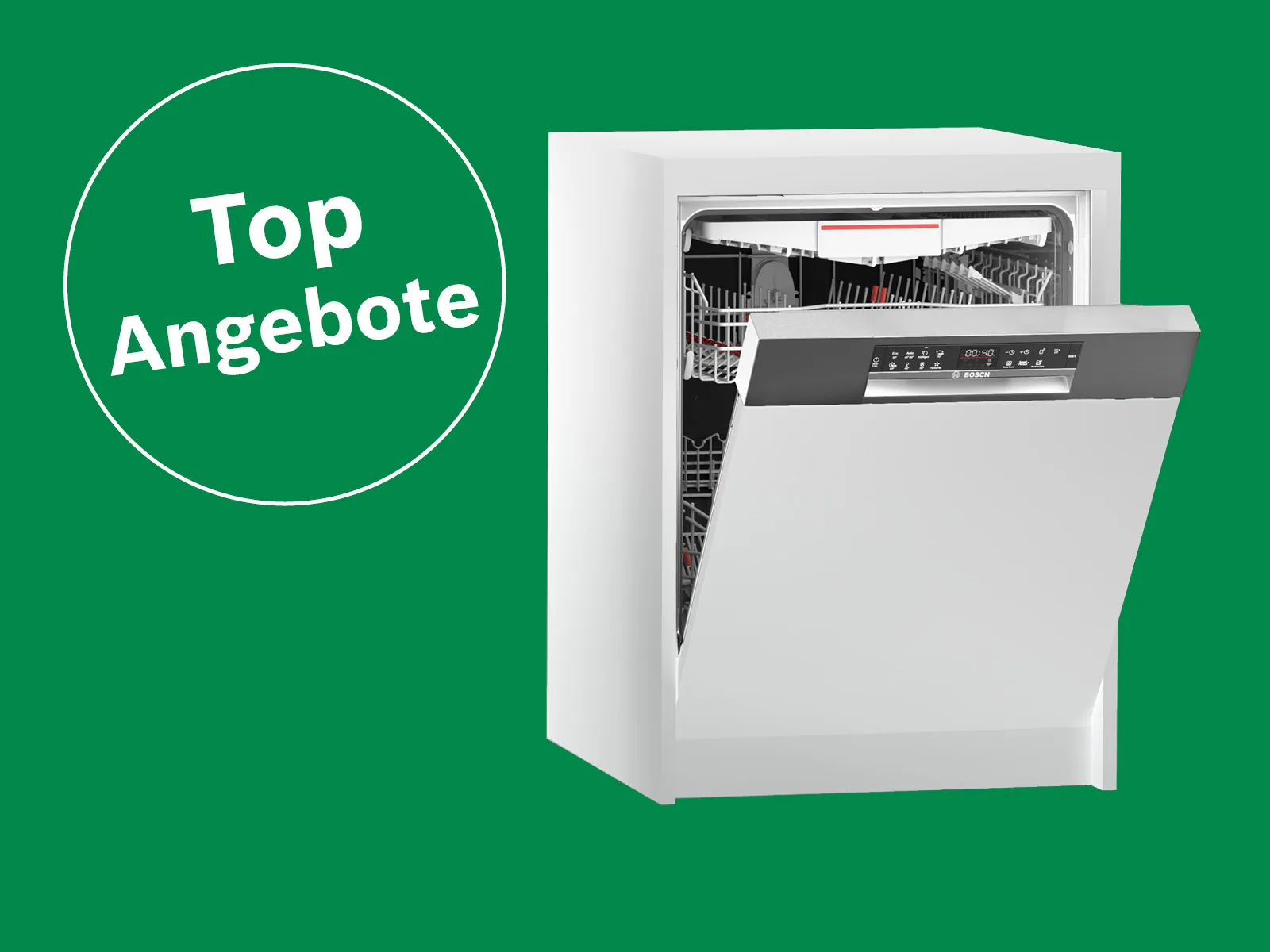 Offener weißer Geschirrspüler mit geöffneter Tür vor grünem Hintergrund mit grünem Kreis und weißer Aufschrift „Top Angebote“.