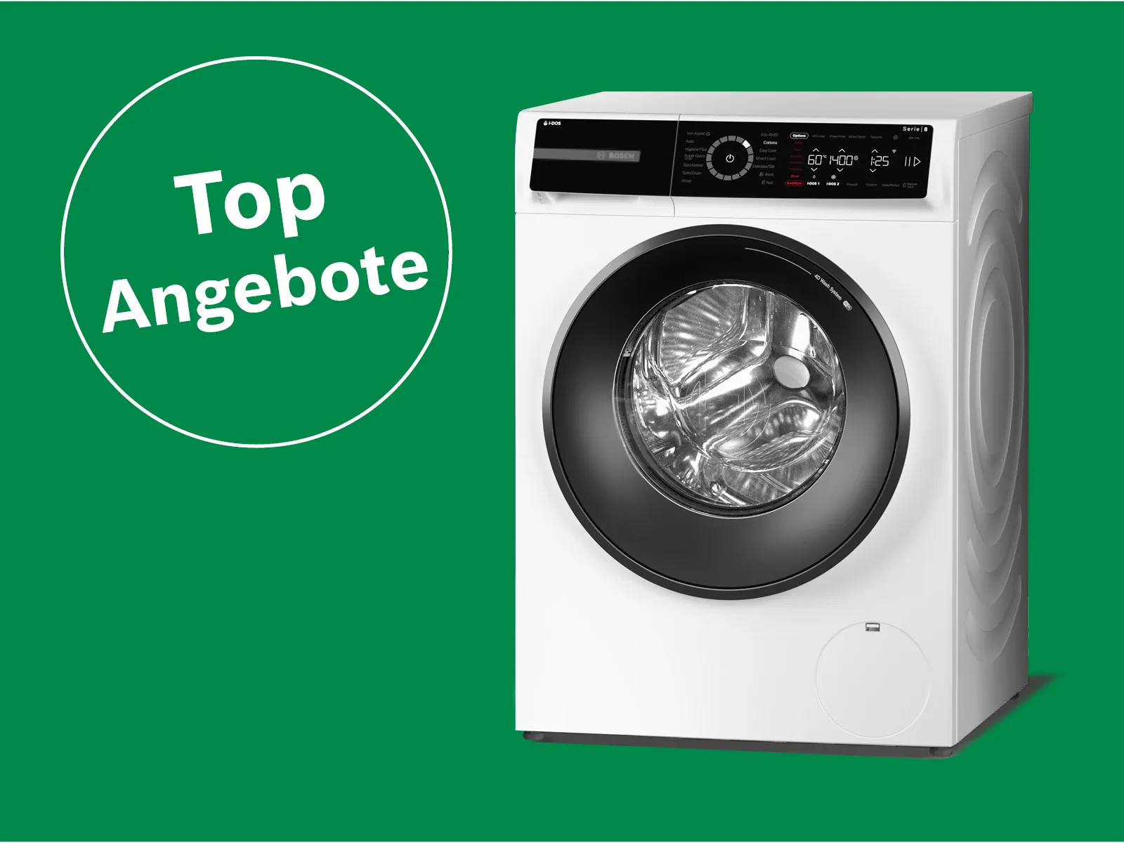 Frontansicht einer weißen Bosch Waschmaschine mit schwarzem Bullauge und digitalem Bedienfeld vor grünem Hintergrund mit grünem Kreis und weißer Aufschrift „Top Angebote“.