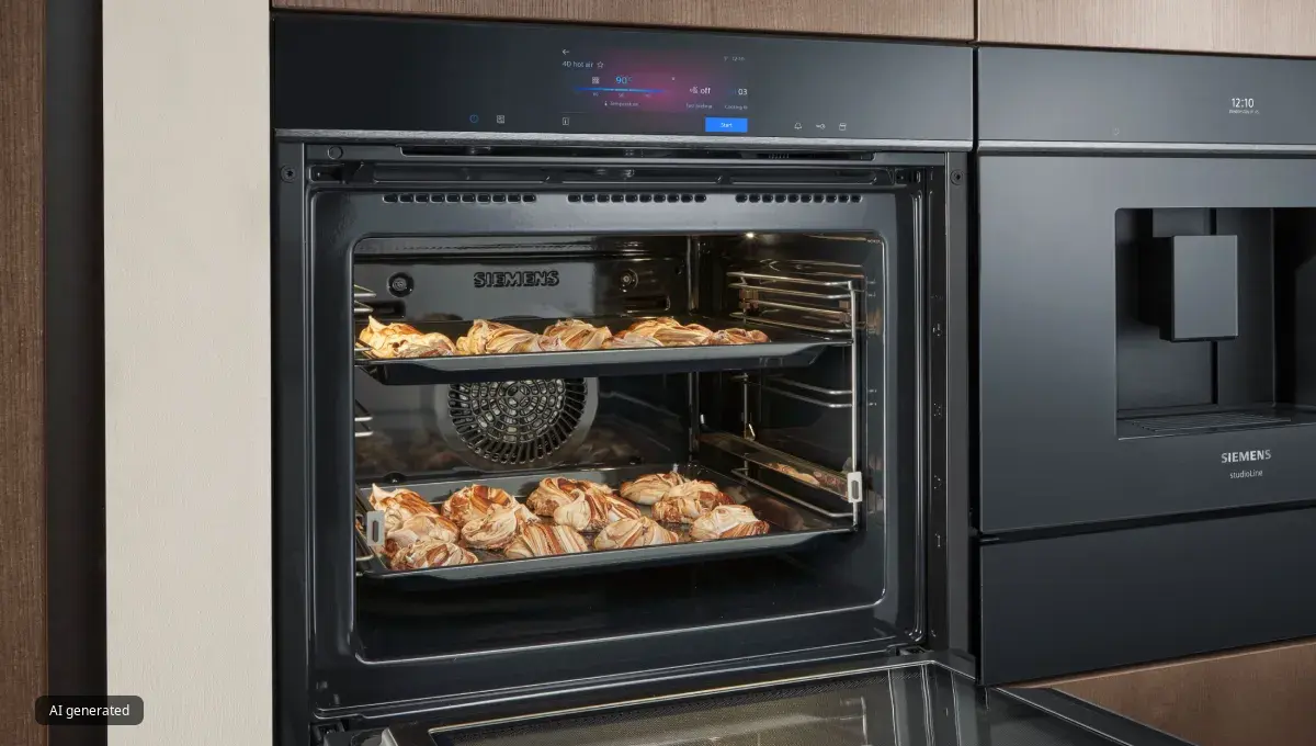 Siemens-ugn som bakar kycklingvingar på två galler, bredvid en Siemens kaffemaskin.