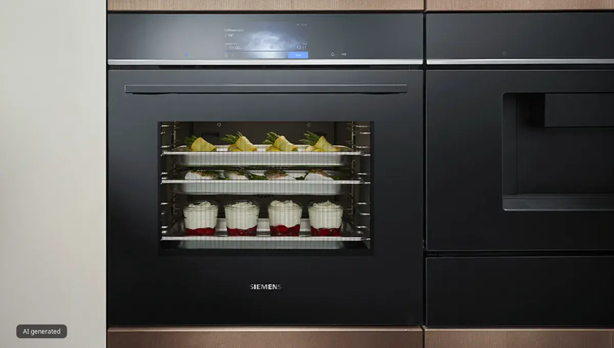 Siemens-ugn med mat på tre nivåer: fisk med sparris, och desserter med frukt och grädde. Digital display visar inställningar.