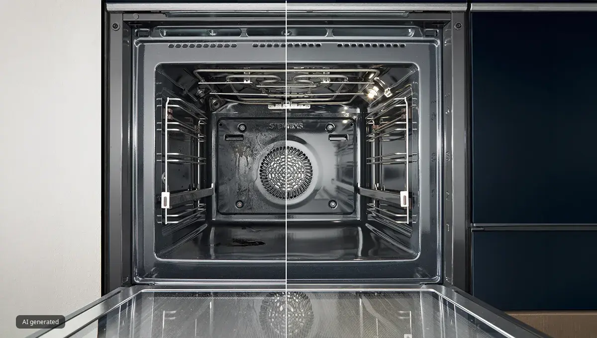 Siemens ugnens insida: jämförelse smutsig (vänster) och ren (höger).