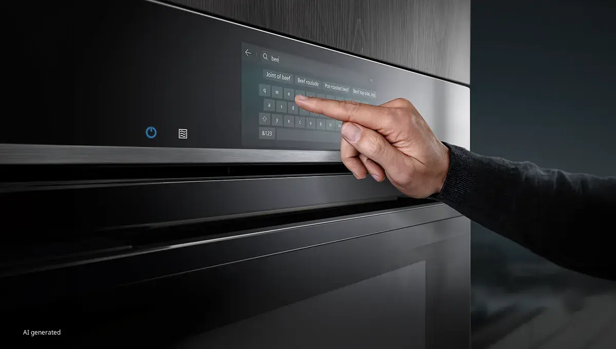 Main interagissant avec le panneau tactile d'un four, tapant "bœuf" et sélectionnant les options de cuisson sur un appareil de cuisine moderne et élégant.