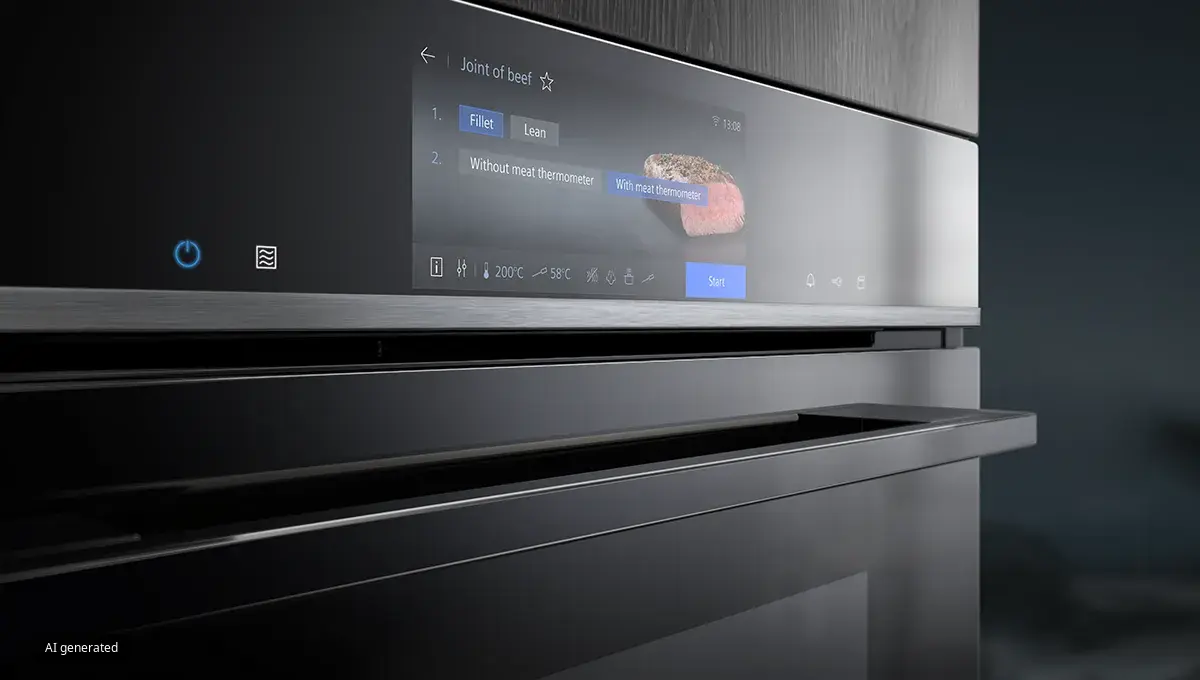 Gros plan sur l'écran tactile d'un four moderne affichant les réglages de cuisson pour un rôti de filet de bœuf avec l'option thermomètre à viande sélectionnée.
