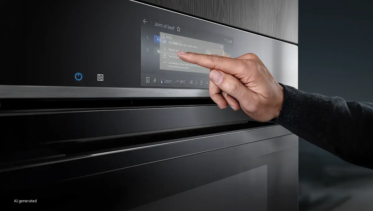 Personne utilisant une interface à écran tactile sur un four moderne, sélectionnant les instructions de cuisson pour un "Rôti de bœuf".
