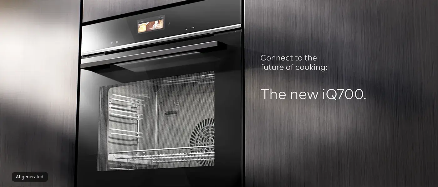 Four encastrable noir moderne et élégant iQ700 avec écran d'affichage numérique, présenté dans un décor de cuisine métallique, faisant la promotion de la future technologie de cuisson.