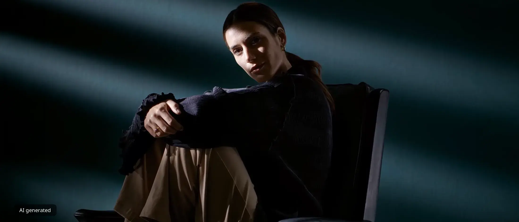 Une personne assise sur une chaise, les genoux repliés, vêtue d'un pull sombre et d’un pantalon clair, se détachant sur un fond sombre à la lumière tamisée.