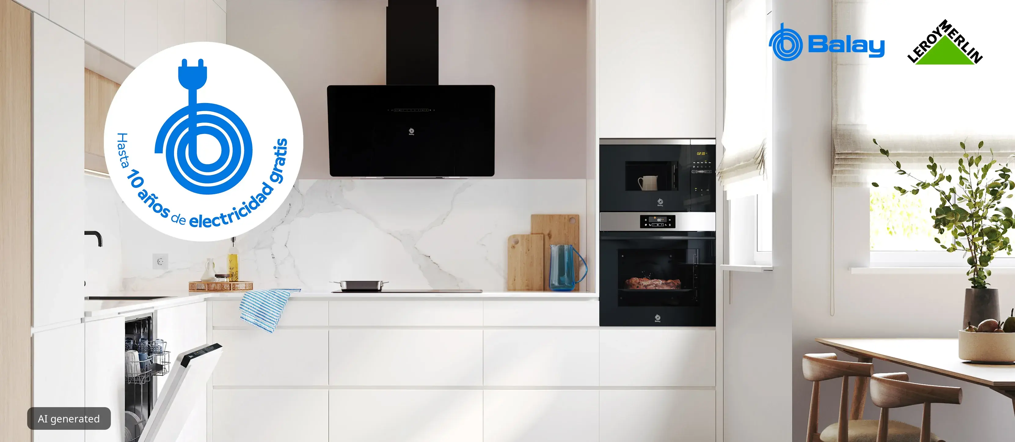 Cocina moderna con electrodomésticos Balay y sello hasta 10 años de electricidad con logos de Balay y Leroy Merlin