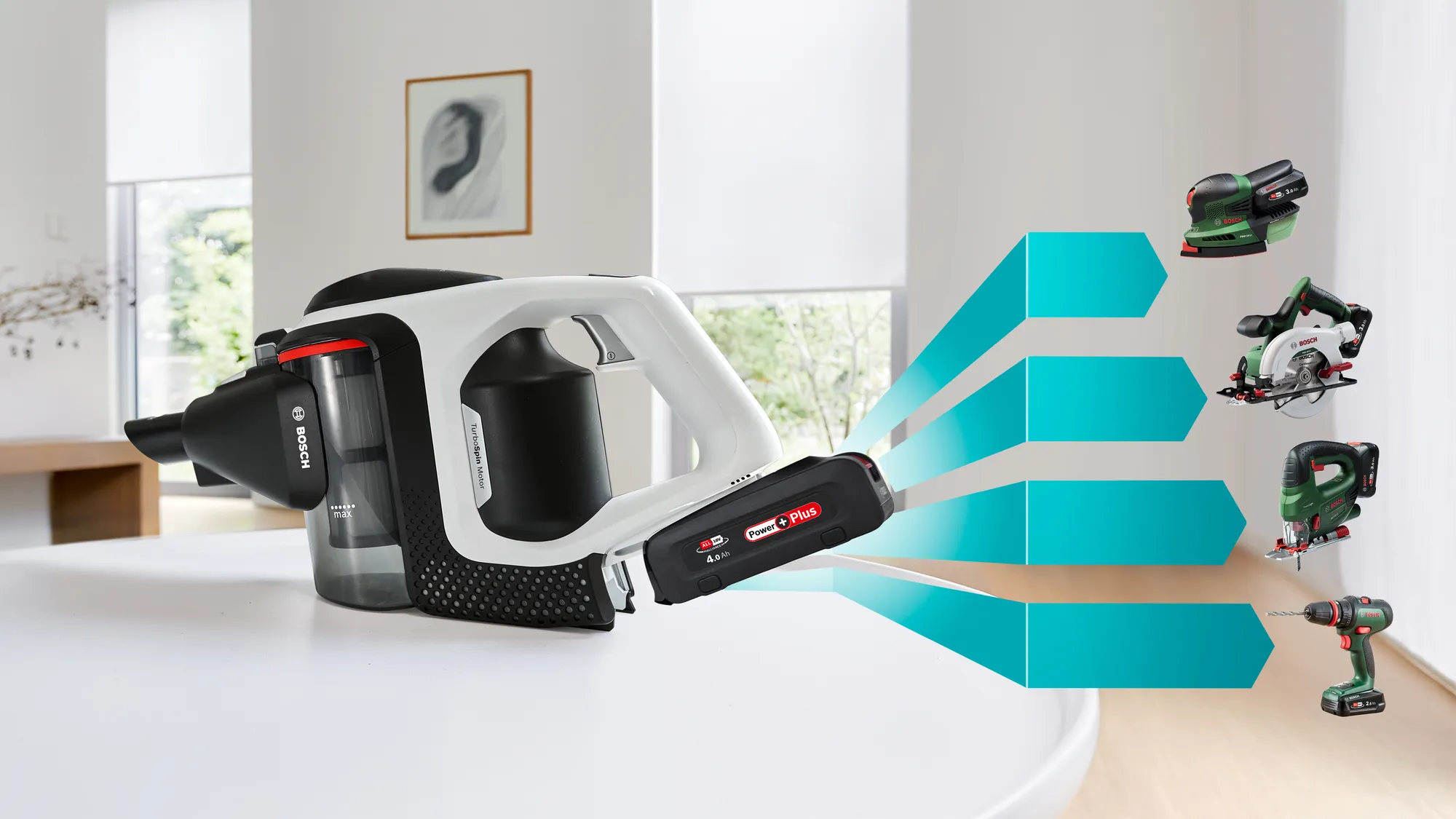 Aspirator vertical Unlimited cu acumulator cu grafică care ilustrează utilizarea aceluiași acumulator cu unelte electrice