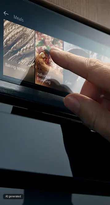 De hand bedient het digitale scherm van een slimme oven en selecteert "Individueel bruinen" in "Pannen".