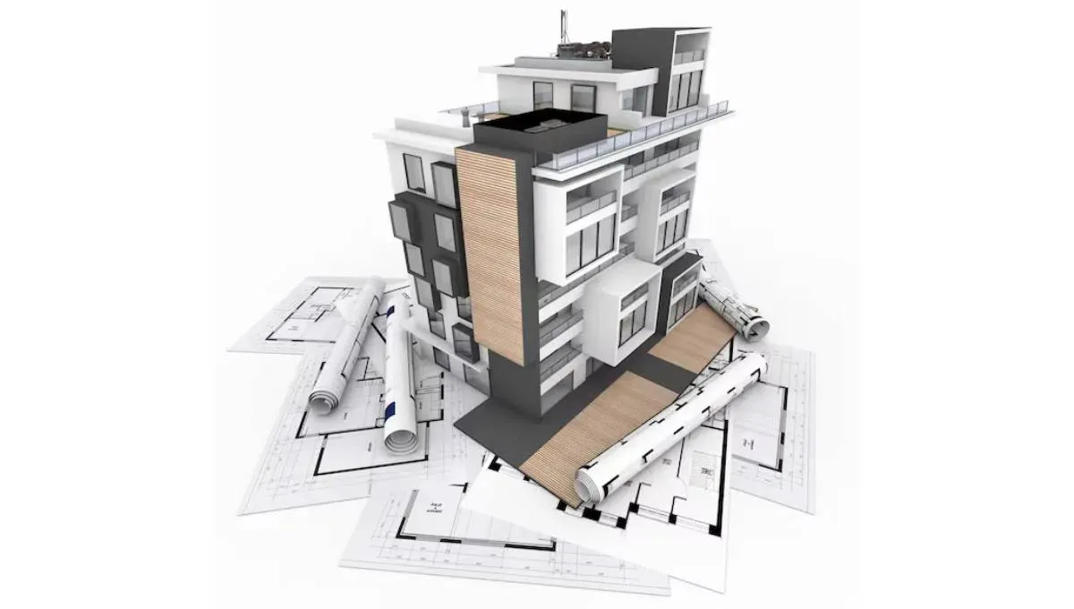 Découpe d'un immeuble 3D avec plan en-dessous