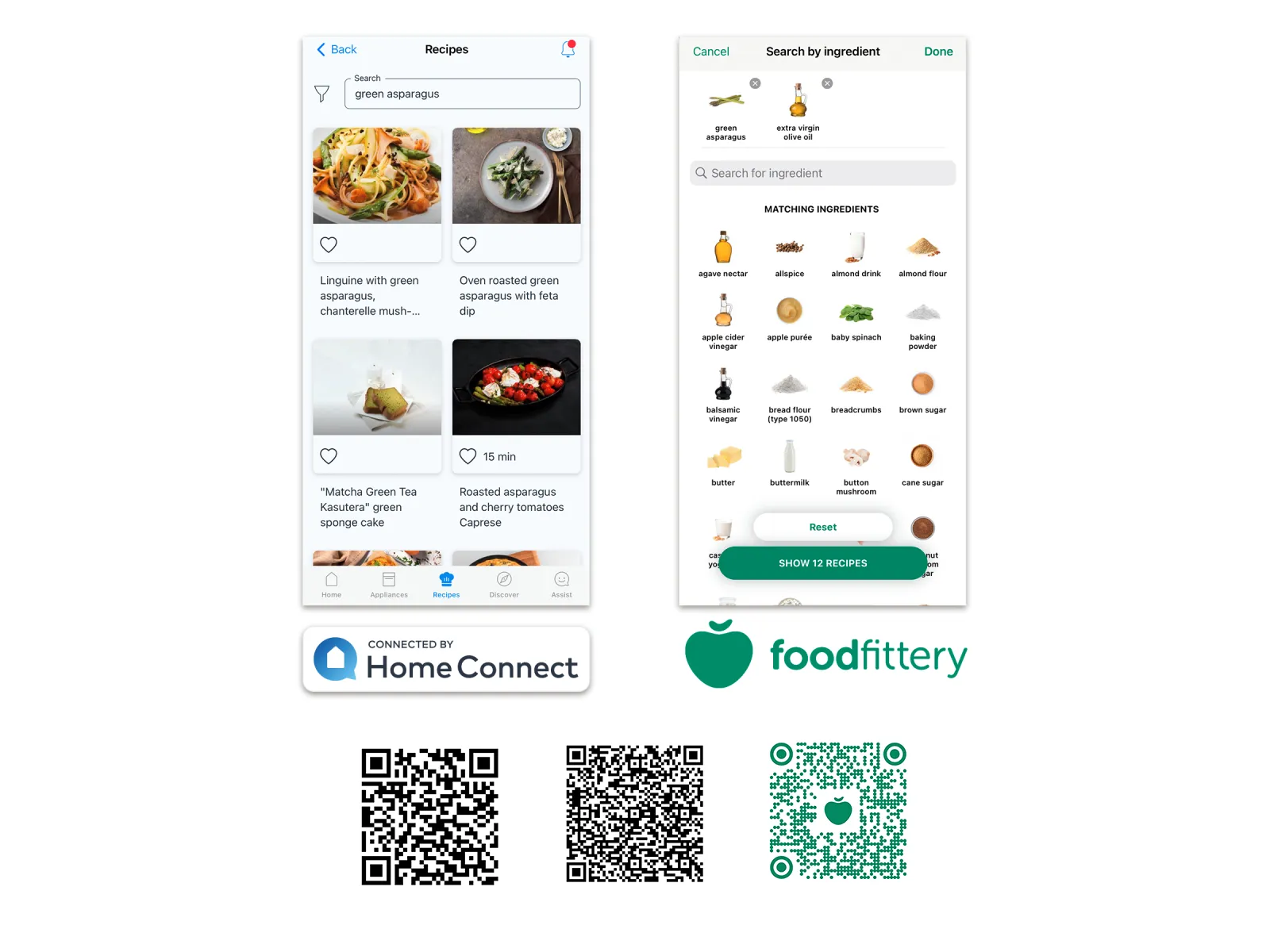 Screenshot dell'app Foodfittery che mostrano la ricerca delle ricette, la selezione degli ingredienti e i loghi Home Connect e Foodfittery con tre codici QR qui sotto.