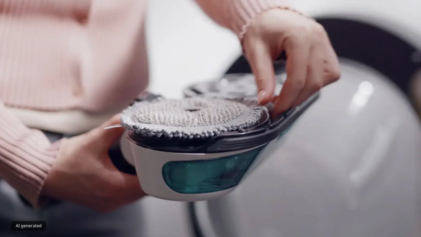 Person holding and adjusting a rotary mop head on a cordless electric cleaning device.