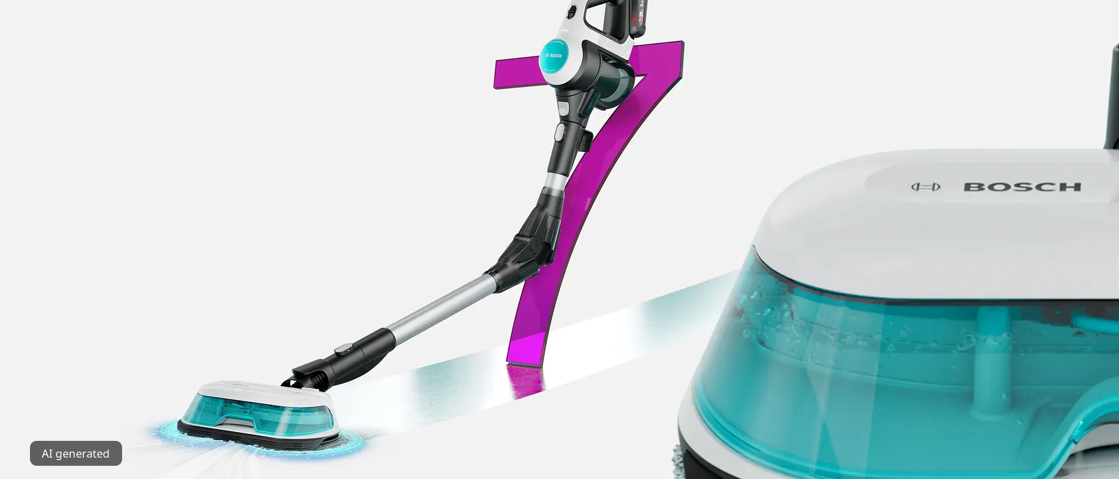 Η Unlimited 7 Pro Hygienic Aqua της Bosch σε λευκό φόντο, με ελαφρώς λυγισμένο σωλήνα, και δίπλα ένα κοντινό πλάνο στο πέλμα DynamicAqua 2 σε 1.