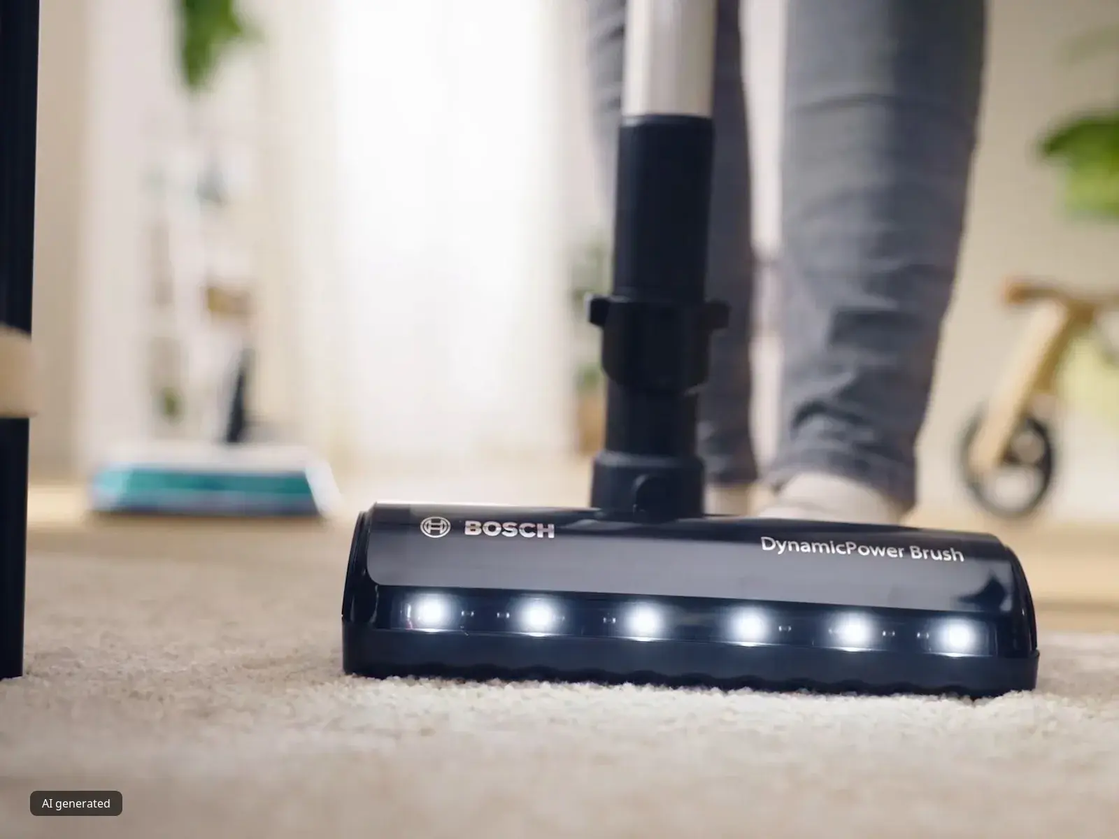 Close-up of a Bosch vacuum cleaner head with LED lights cleaning a carpeted floor indoors.
