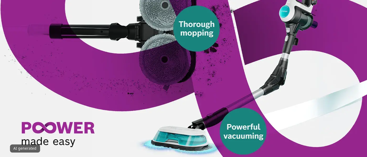 Мощни въртящи се подложки за активно премахване на петна и Bosch Unlimited 7 ProHygienic Aqua с накрайник за почистване с прахосмукачка и моп с леко огъната тръба Flextube.