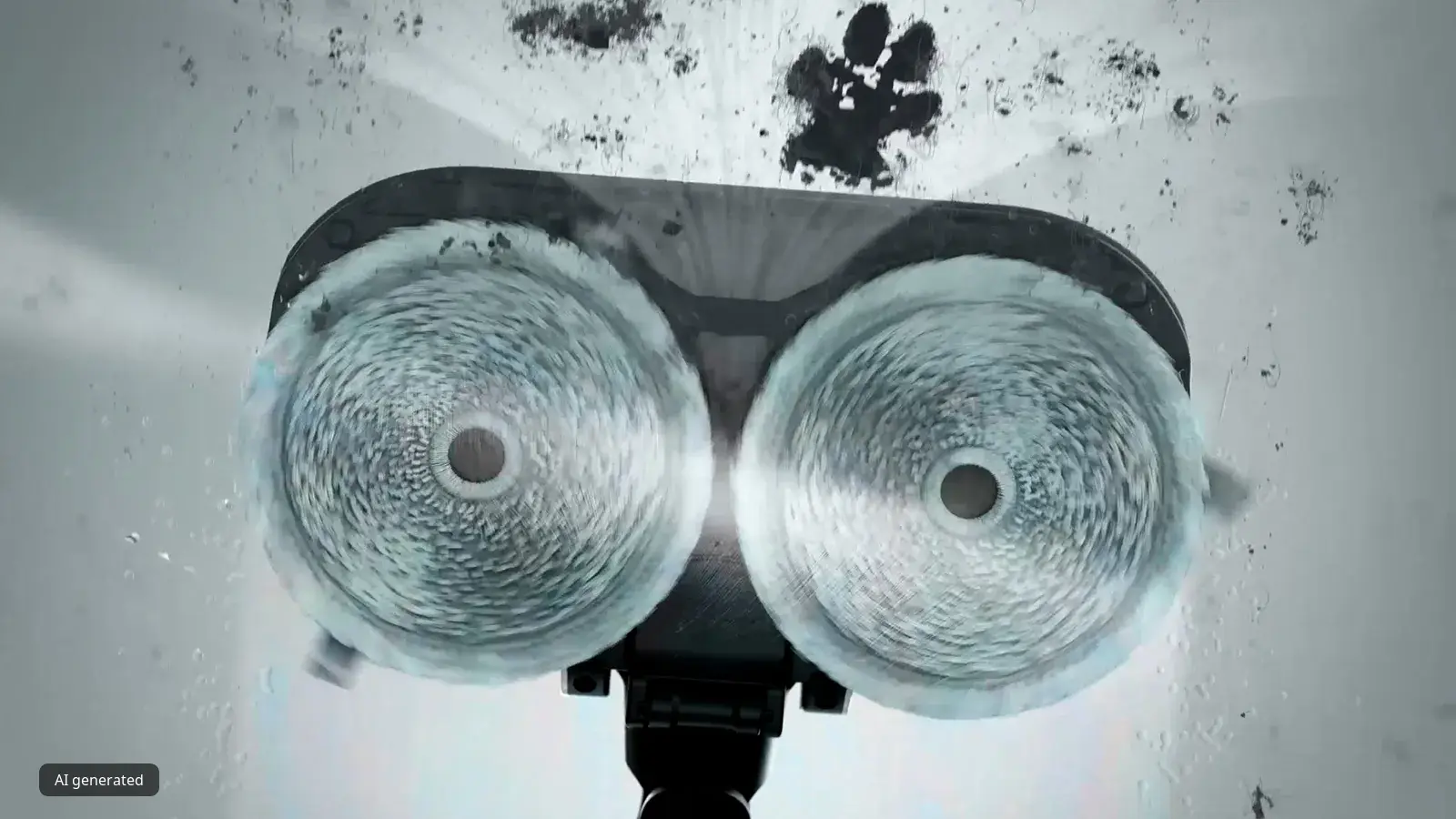 Close-up of a vacuum cleaner head with two spinning brush wheels cleaning a dusty surface.