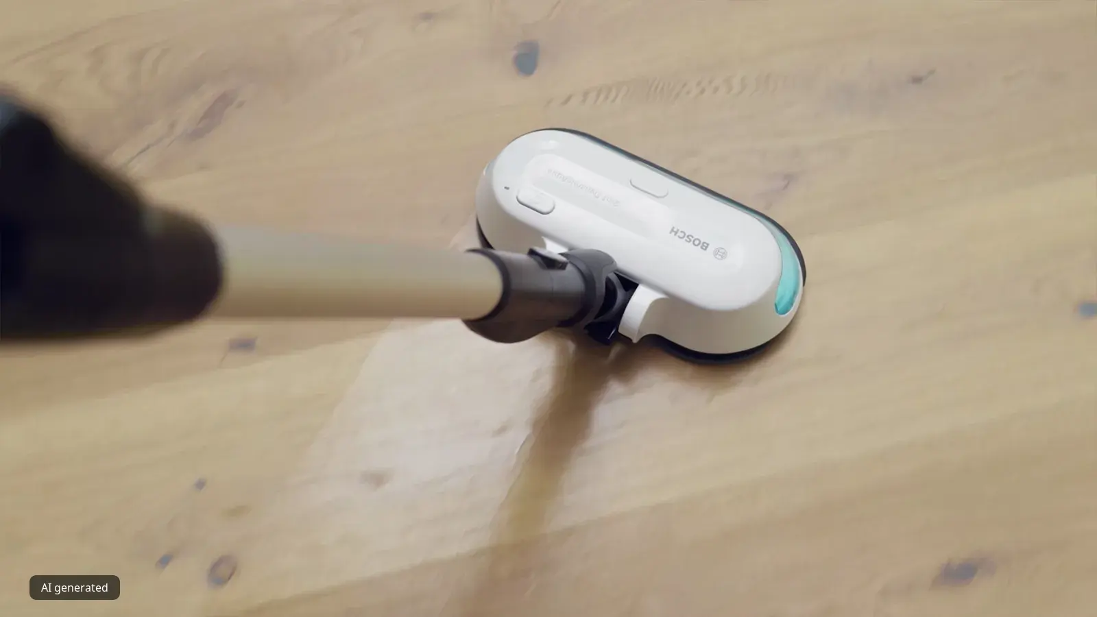 Cordless Bosch electric floor scrubber cleaning a wooden floor surface.