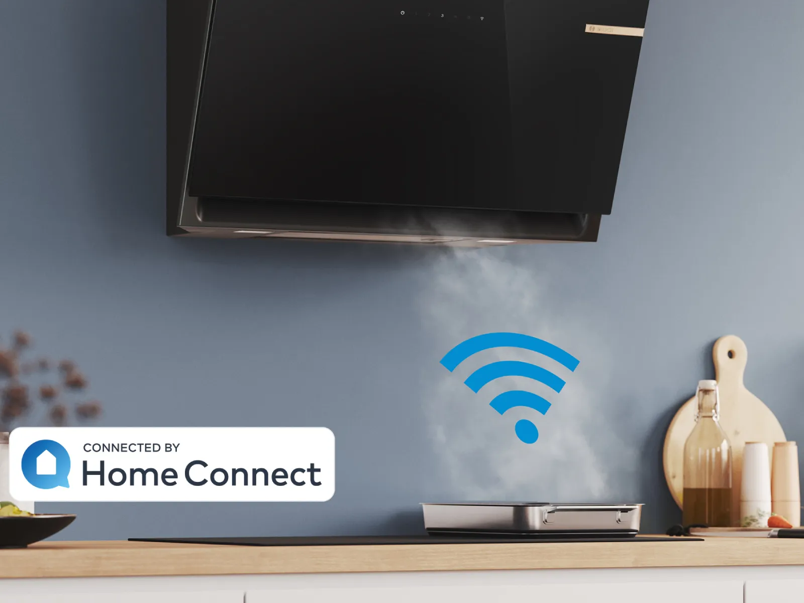 Home entertainment system with wireless connectivity, kitchen appliances, and decor on wooden counter.