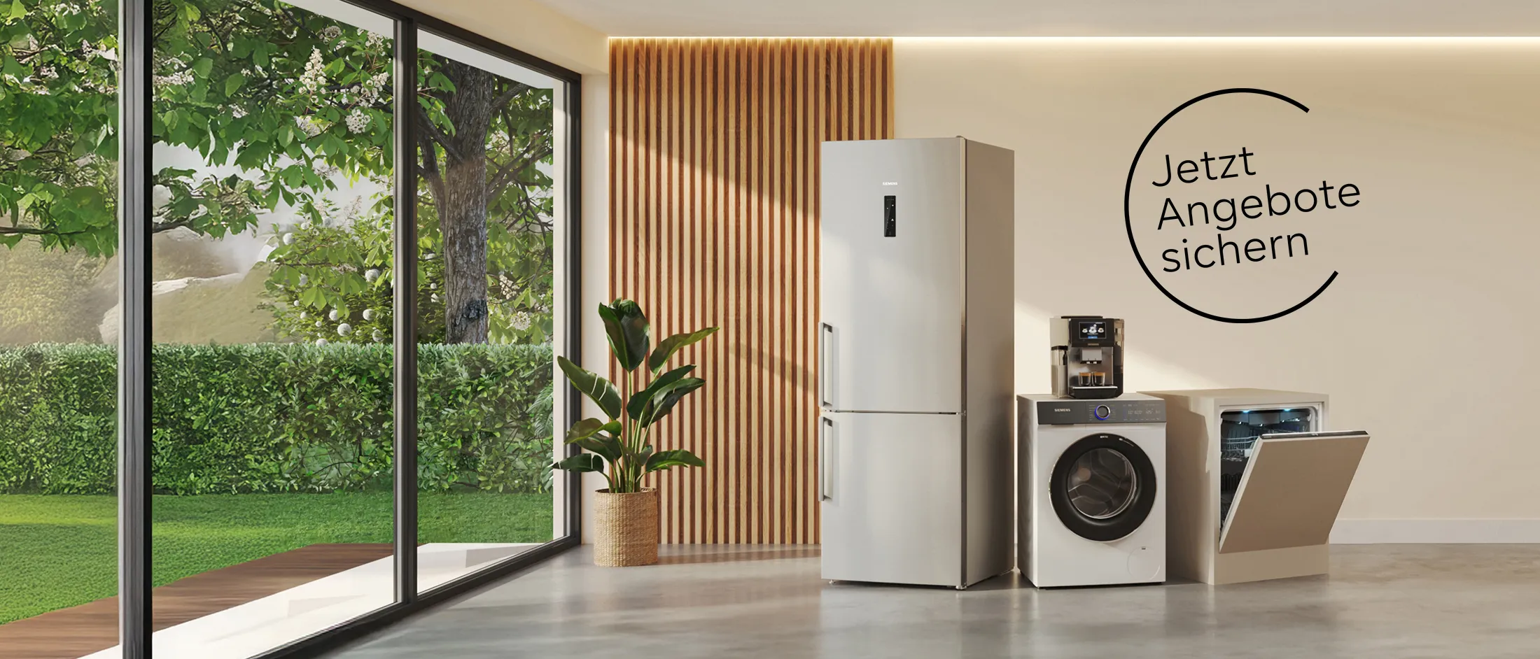 Siemens Kühlschrank, Waschmaschine, Geschirrspüler und Kaffeemaschine stehen in einem modernen, hellen Raum mit großem Fenster und Holzlamellenwand, daneben der Schriftzug 'Jetzt Angebote sichern'.