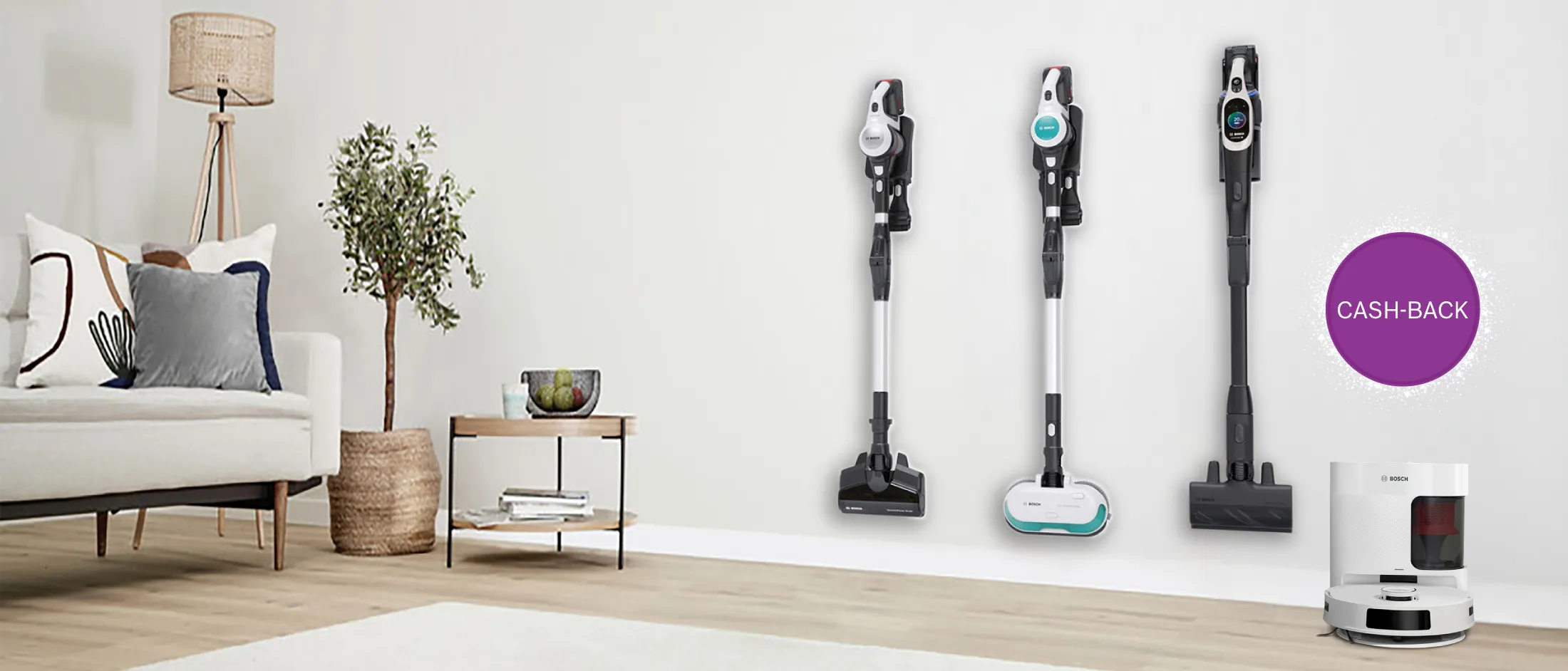 Trei modele de aspiratoare Bosch Unlimited așezate în standurile de perete și un aspirator robot Spotless în stația de curățare, alături picrogramă cash-back
