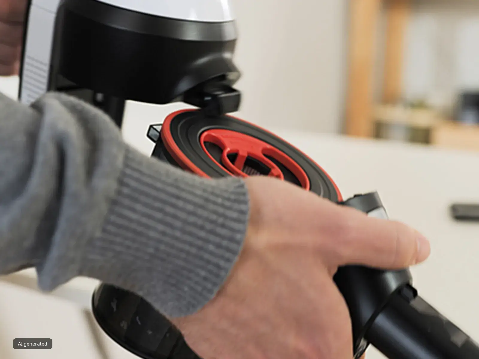 Mani che utilizzano un utensile elettrico con un cavo rosso e nero in un’officina.