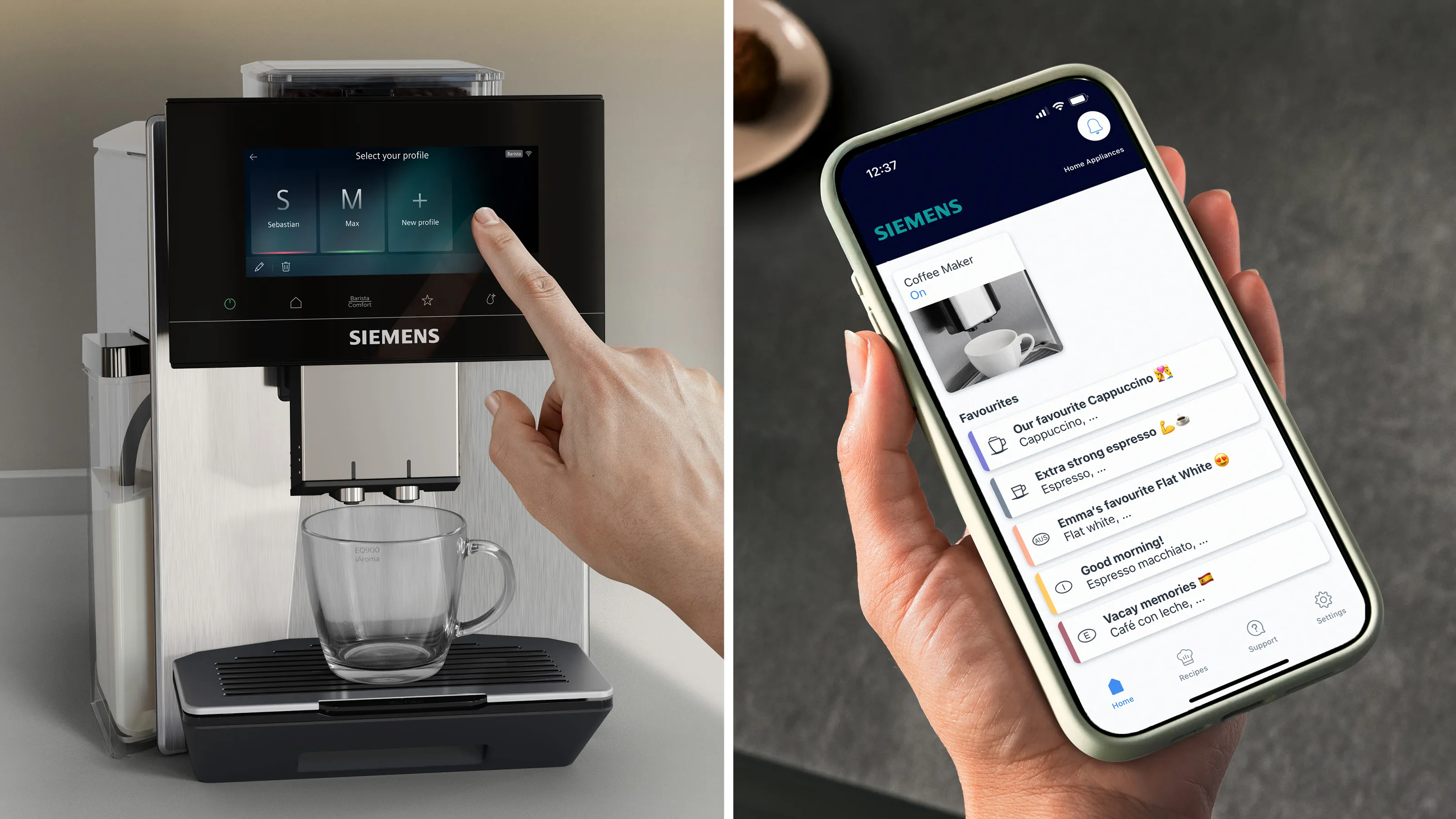 Dokunmatik ekranlı Siemens kahve makinesi, espresso bardak ve bir tezgahta diğer kahve aksesuarları.