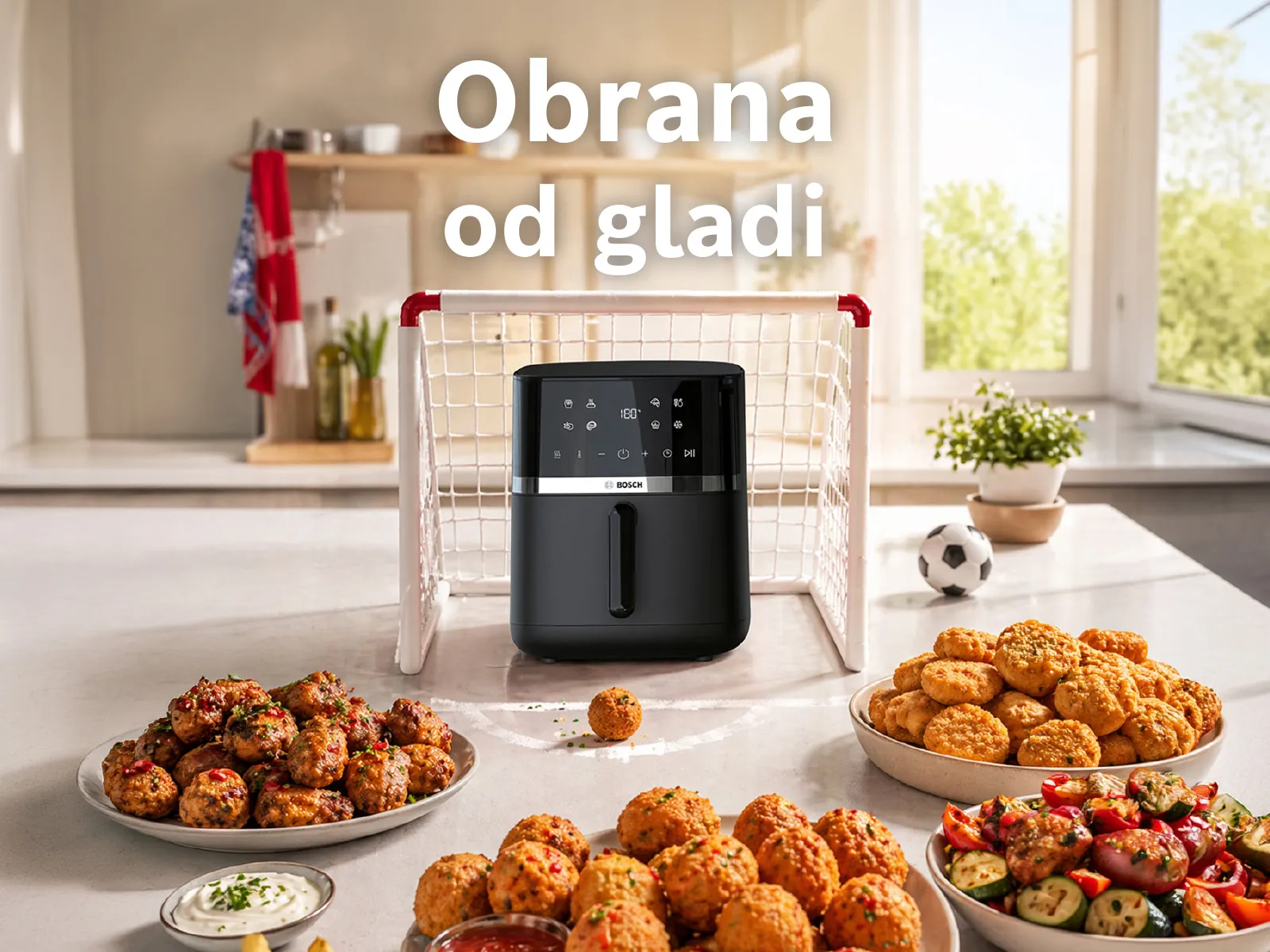 Bosch Air Fryer na stolu ispred malog gola, ispred njega pripremljena hrana u Air Fryeru.