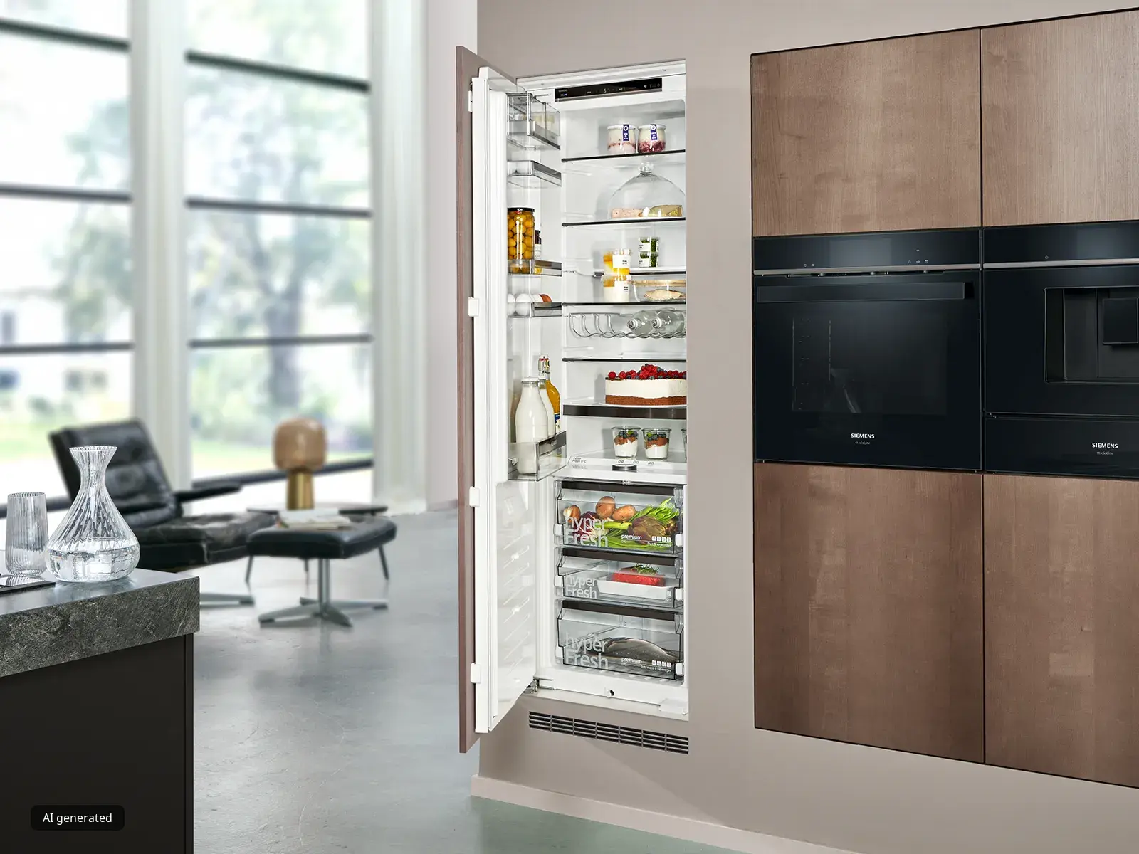 Cucina moderna con frigorifero a incasso aperto, forno e macchina del caffè integrati.