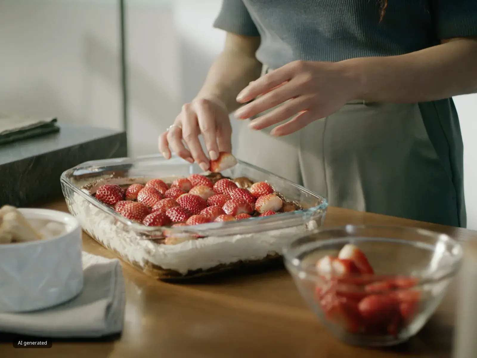 A woman holding a baked dessert topped with strawberries while it sits on a kitchen counter.