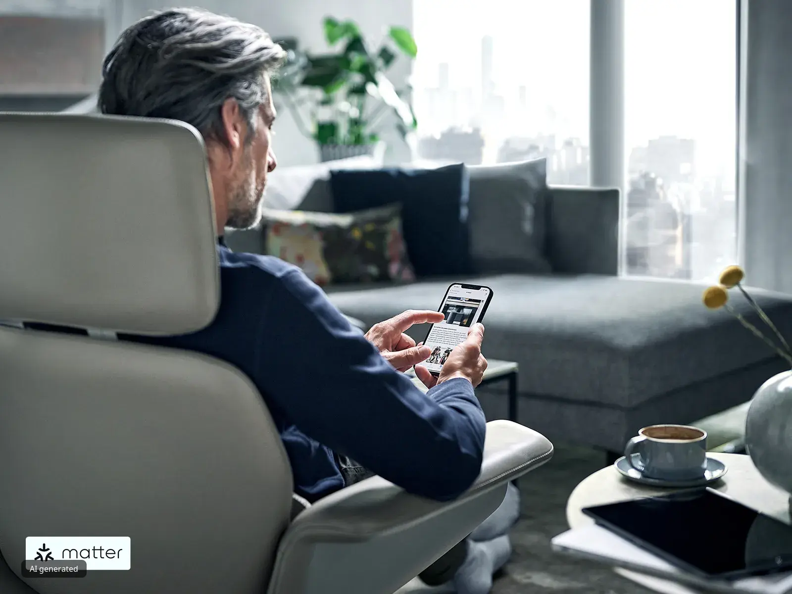 Un uomo seduto in un'area lounge tiene in mano lo smartphone mentre interagisce con lo schermo.