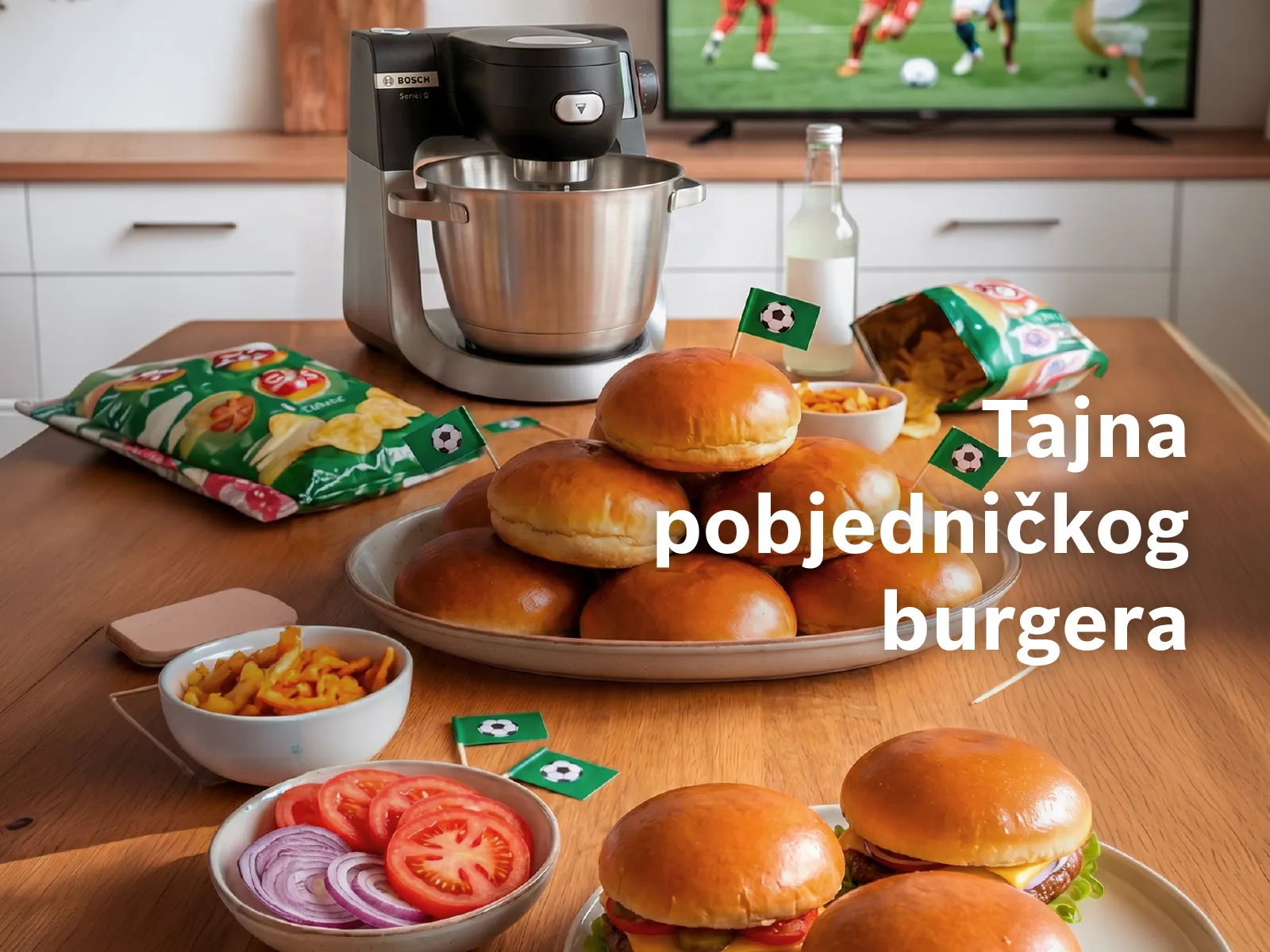 Bosch kuhinjski robot na stolu s pripremljenim burgerima.