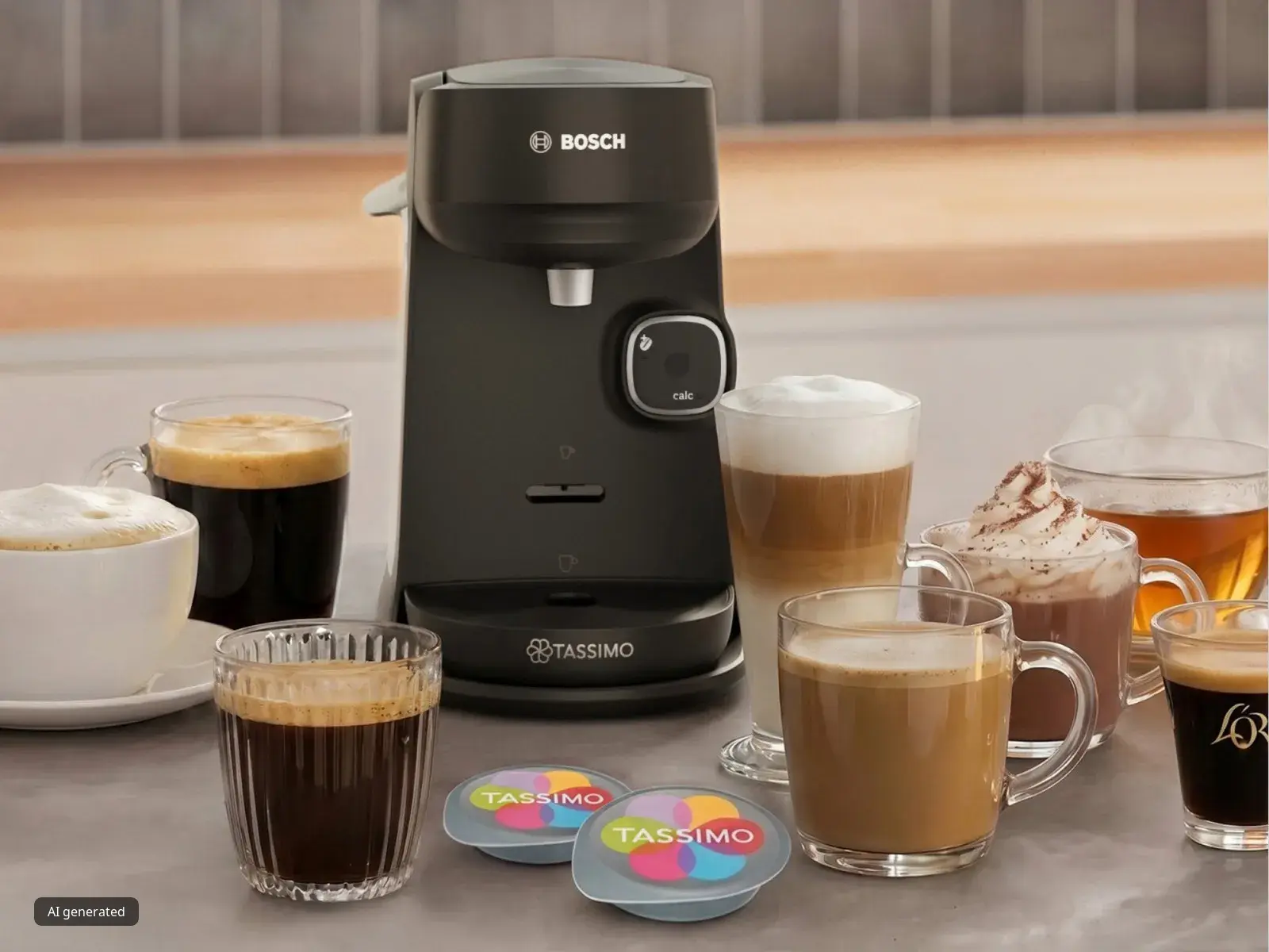 Bosch TASSIMO Harmony‑Kaffeemaschine, umgeben von verschiedenen Heißgetränken (Espresso, Cappuccino, Latte Macchiato und Tee) in Tassen, die die Getränkevielfalt zeigen.