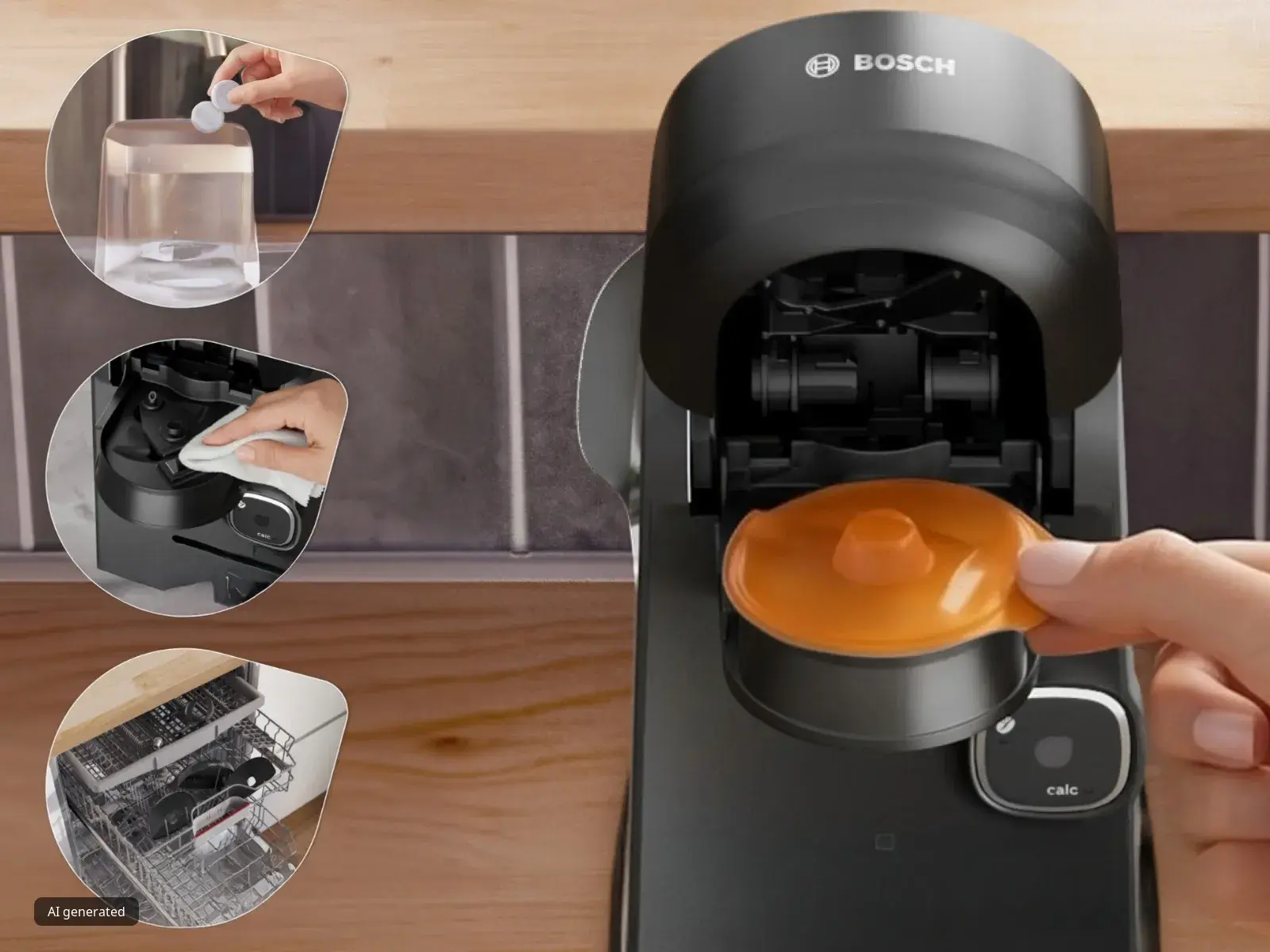 Eine Hand legt eine orangefarbene Service‑T DISC von TASSIMO in eine schwarze TASSIMO HARMONY. Einblendungen zeigen Entkalkungstabletten, das Abwischen der Maschine und spülmaschinenfeste Teile – für einfache Reinigung.