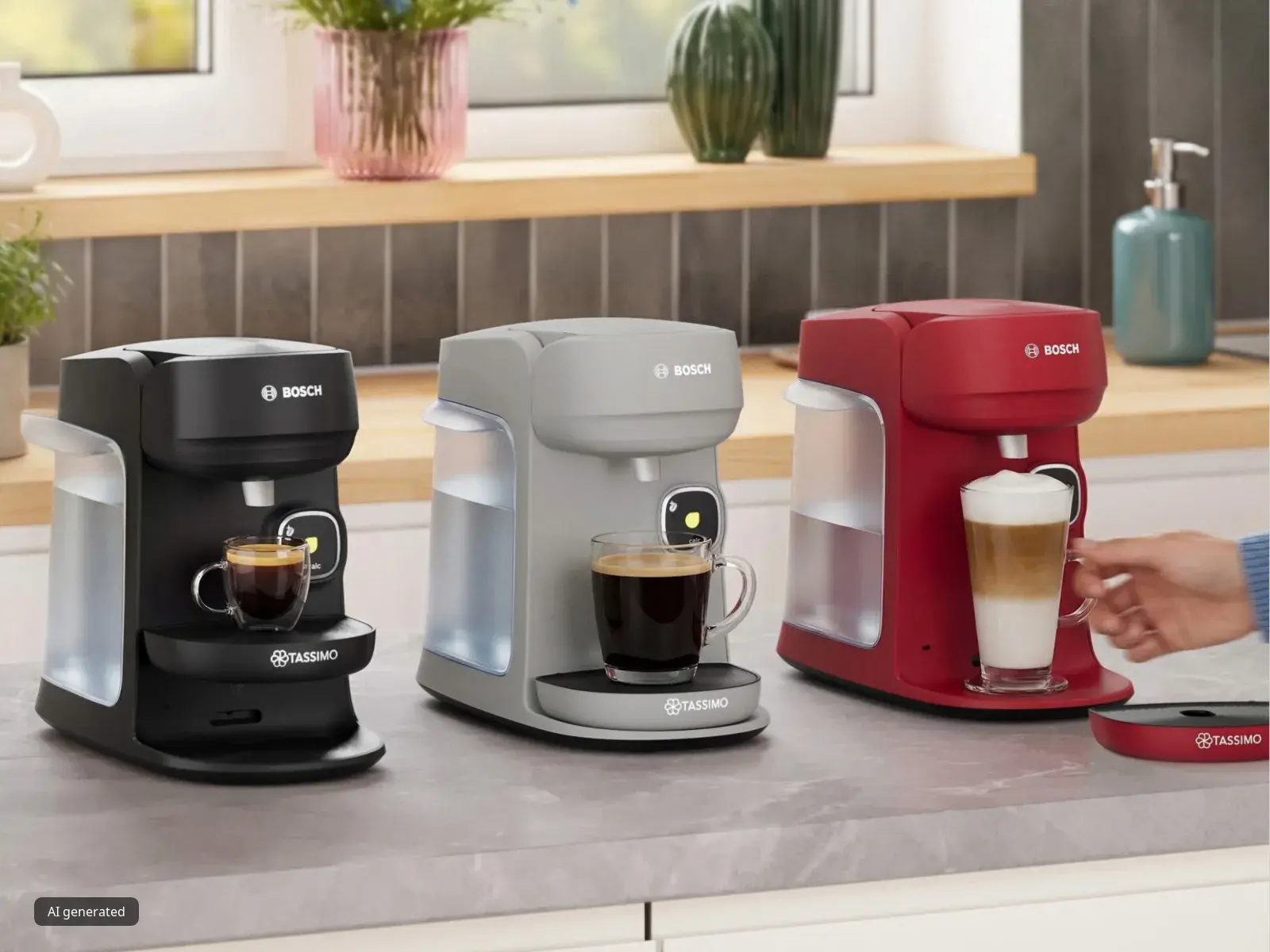 Drei Bosch TASSIMO‑Kaffeemaschinen (schwarz, grau, rot) auf einer Küchenarbeitsplatte. Die schwarze serviert Espresso, die graue Kaffee, und die rote bereitet gerade einen Latte zu.
