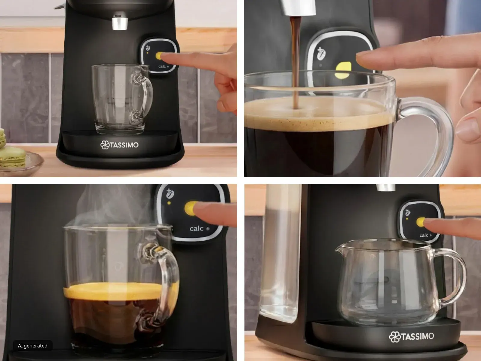 Vier Panels zeigen eine schwarze Bosch TASSIMO HARMONY in Aktion. Ein Finger drückt die Taste, um Kaffee in einen Glasbecher zu brühen, der danach dampft. Ein anderes Panel zeigt eine kleine Karaffe, die bereitsteht.