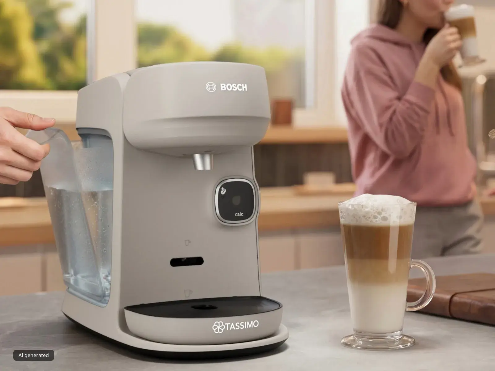 Die graue Kaffeemaschine TASSIMO HARMONY steht auf der Küchenarbeitsplatte; daneben ein Glas Latte Macchiato. Im Hintergrund lehnt eine Frau an der Küchenzeile und trinkt einen Kaffee.